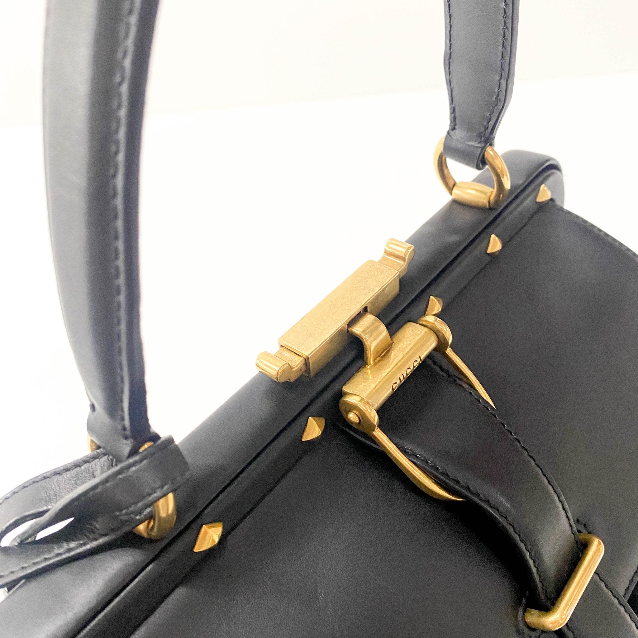 GUCCI Embroidered Suede Detail with Golden Hardware Black Leather Handle Bag, in , Sold by HIVE PRELOVED - Handle Bags, ,