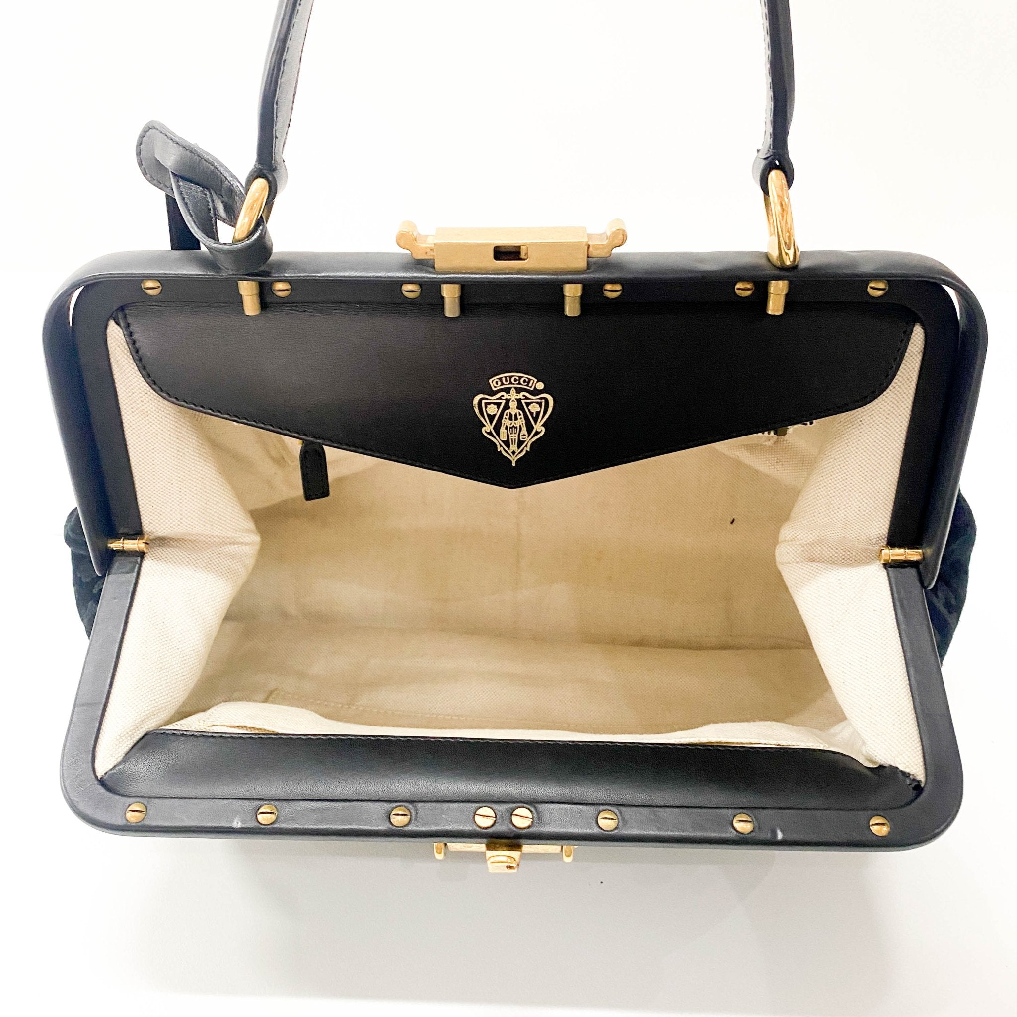 GUCCI Embroidered Suede Detail with Golden Hardware Black Leather Handle Bag, in , Sold by HIVE PRELOVED - Handle Bags, ,