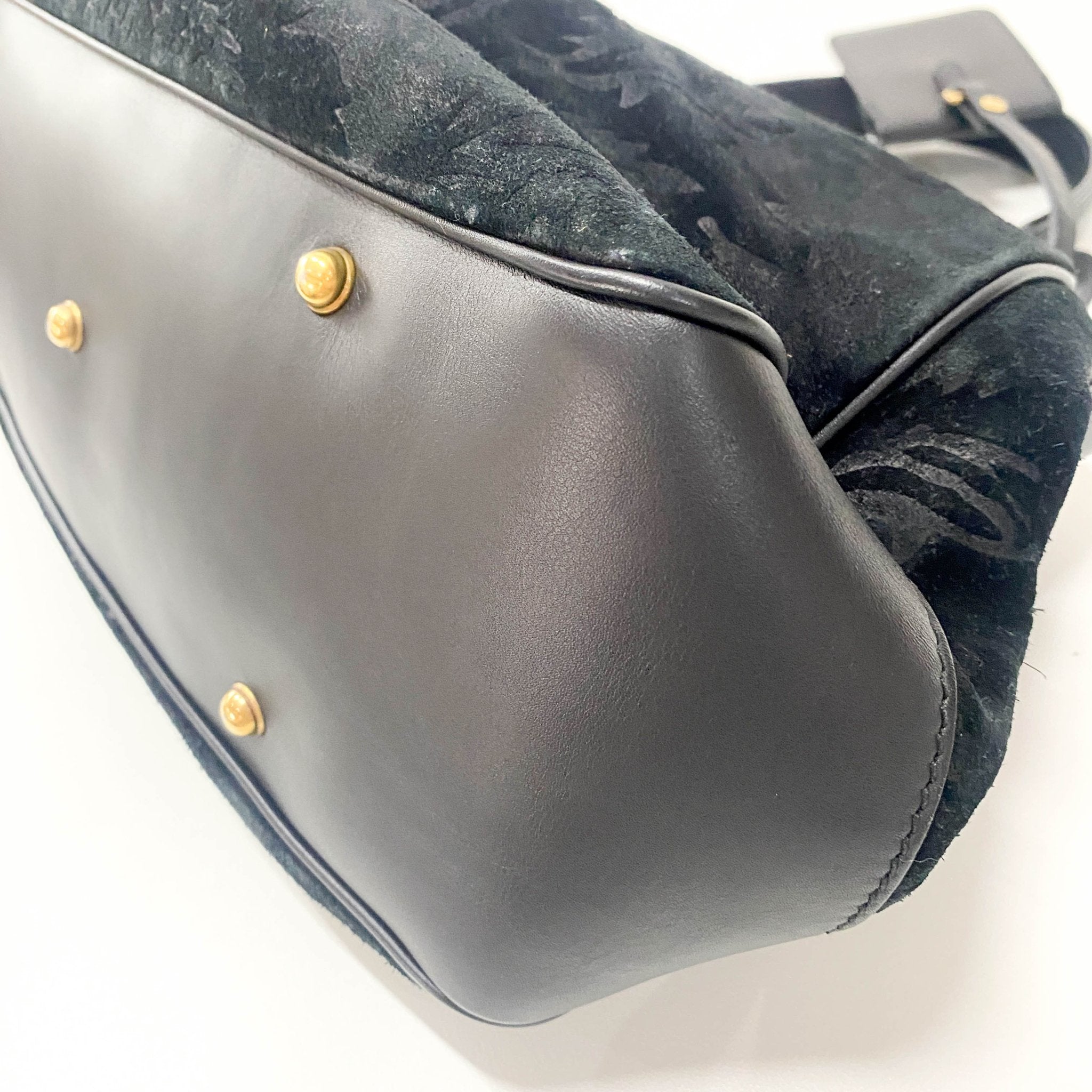 GUCCI Embroidered Suede Detail with Golden Hardware Black Leather Handle Bag, in , Sold by HIVE PRELOVED - Handle Bags, ,