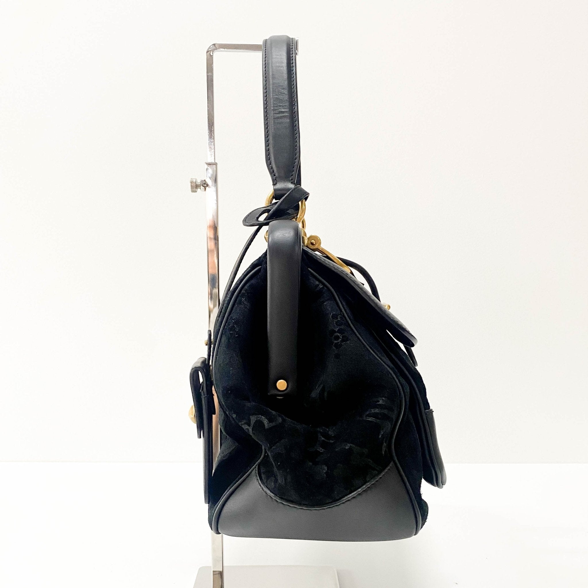 GUCCI Embroidered Suede Detail with Golden Hardware Black Leather Handle Bag, in , Sold by HIVE PRELOVED - Handle Bags, ,