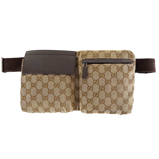 GUCCI GG Canvas Waist Belt Body Bag, Cotton Canvas in Brown, Sold by HIVE PRELOVED - Belt bags, ,