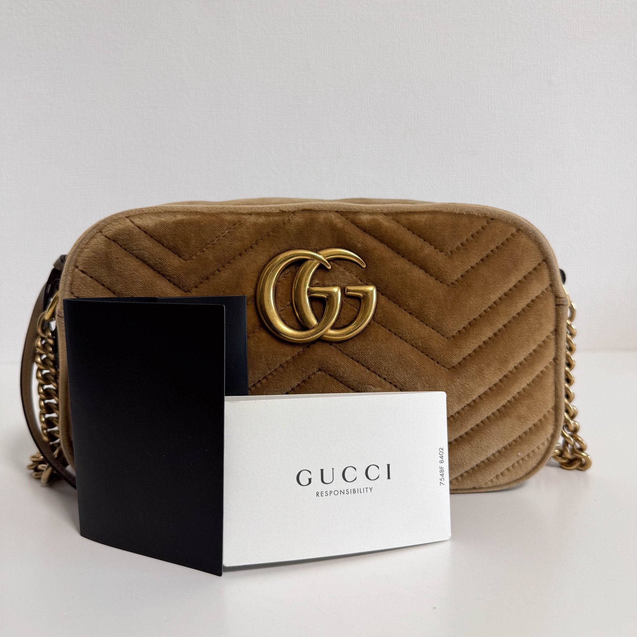 GUCCI GG Marmont Brown Velvet Camera Bag, in , Sold by HIVE PRELOVED - Crossbody bags, ,
