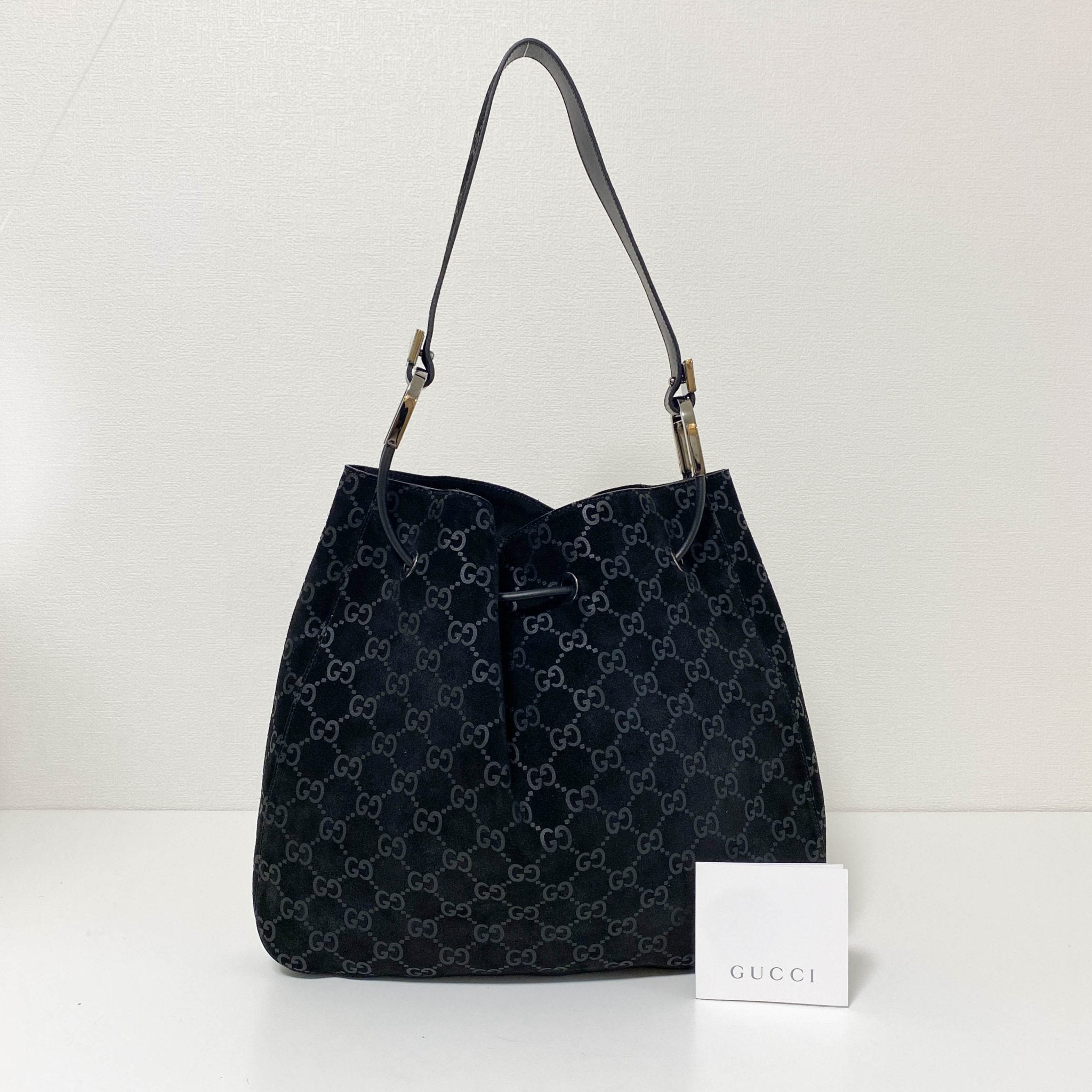 GUCCI GG Suede Black Drawstring Bag, in , Sold by HIVE PRELOVED - Shoulder Bags, ,