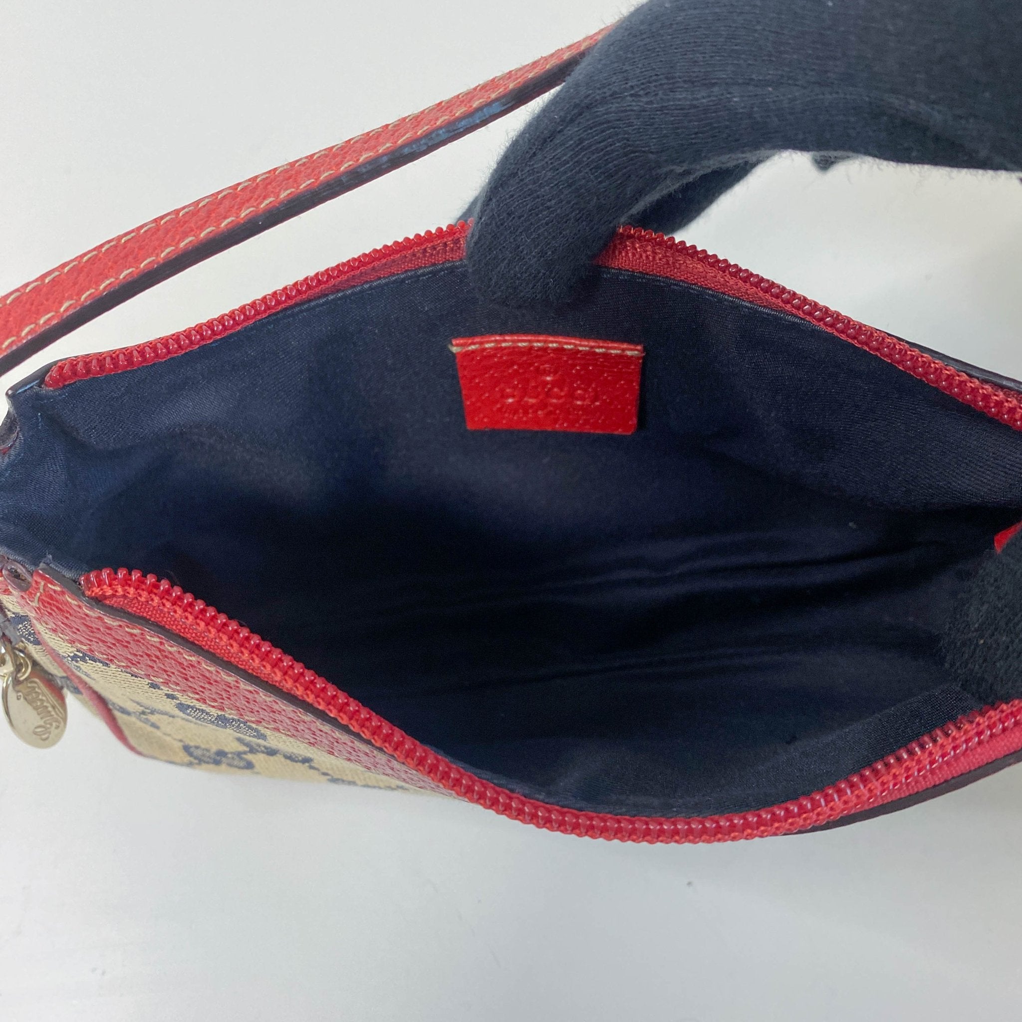 GUCCI Gucci Blue Canvas Red Strap Shoulder Pouch, in , Sold by HIVE PRELOVED - Pouches, ,