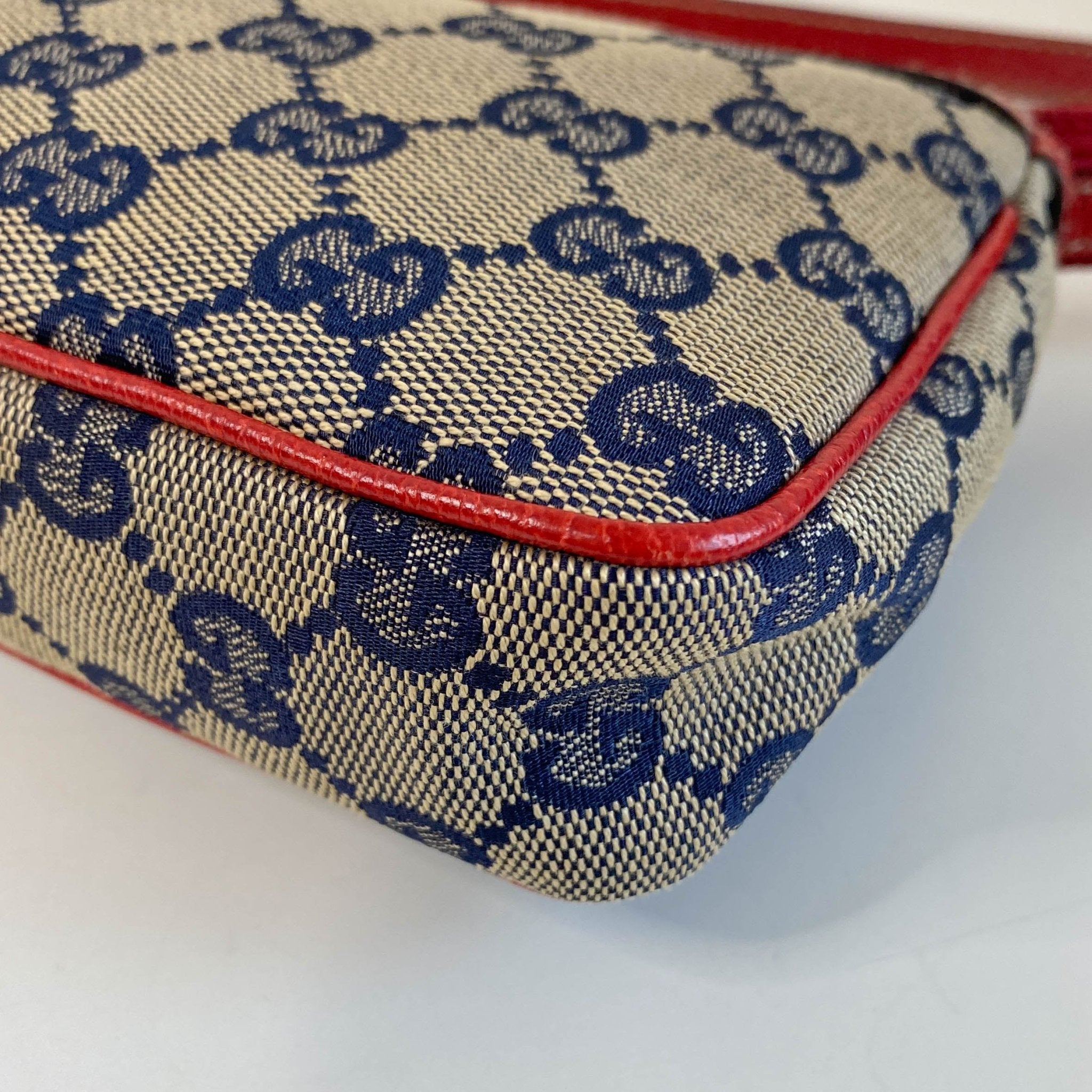 GUCCI Gucci Blue Canvas Red Strap Shoulder Pouch, in , Sold by HIVE PRELOVED - Pouches, ,