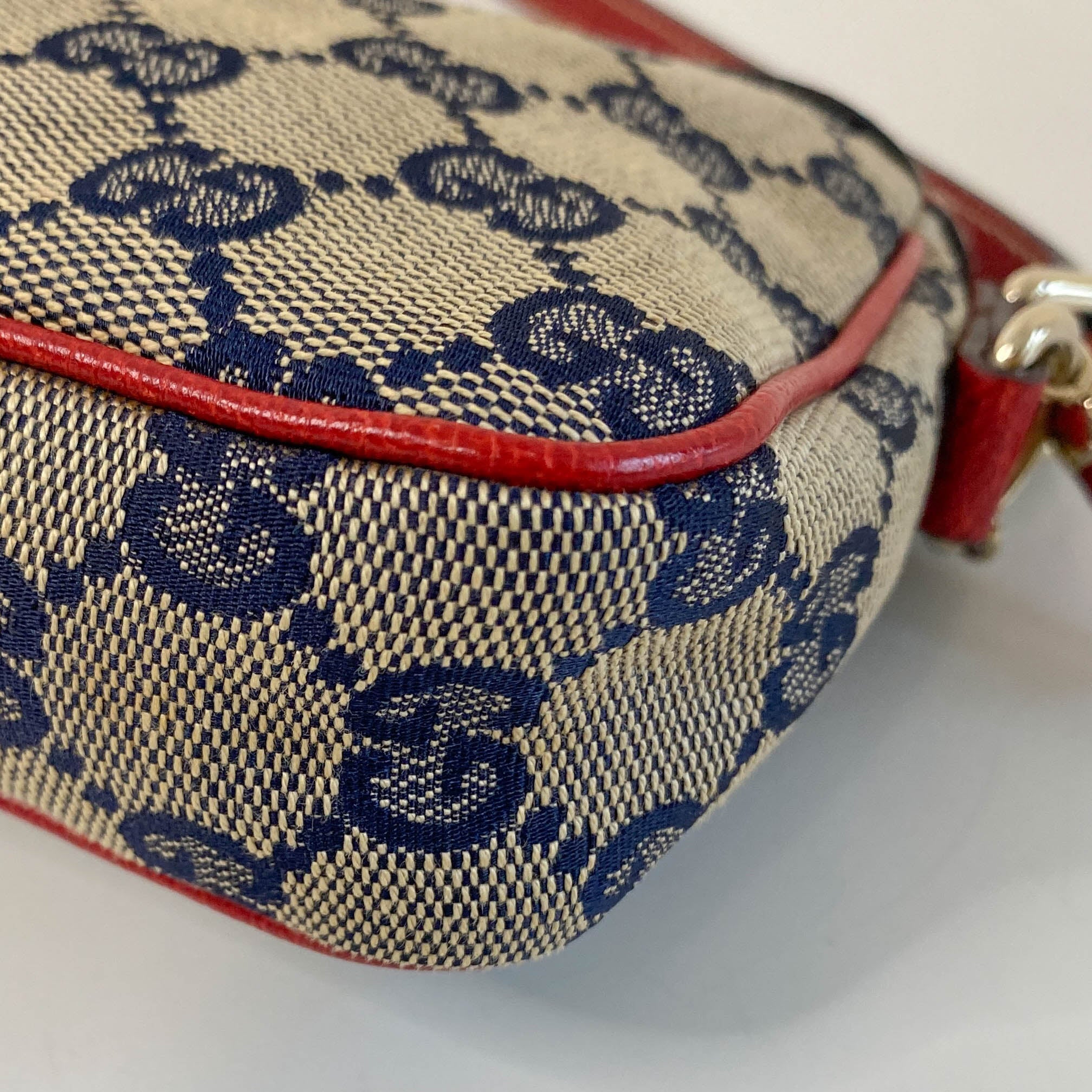 GUCCI Gucci Blue Canvas Red Strap Shoulder Pouch, in , Sold by HIVE PRELOVED - Pouches, ,