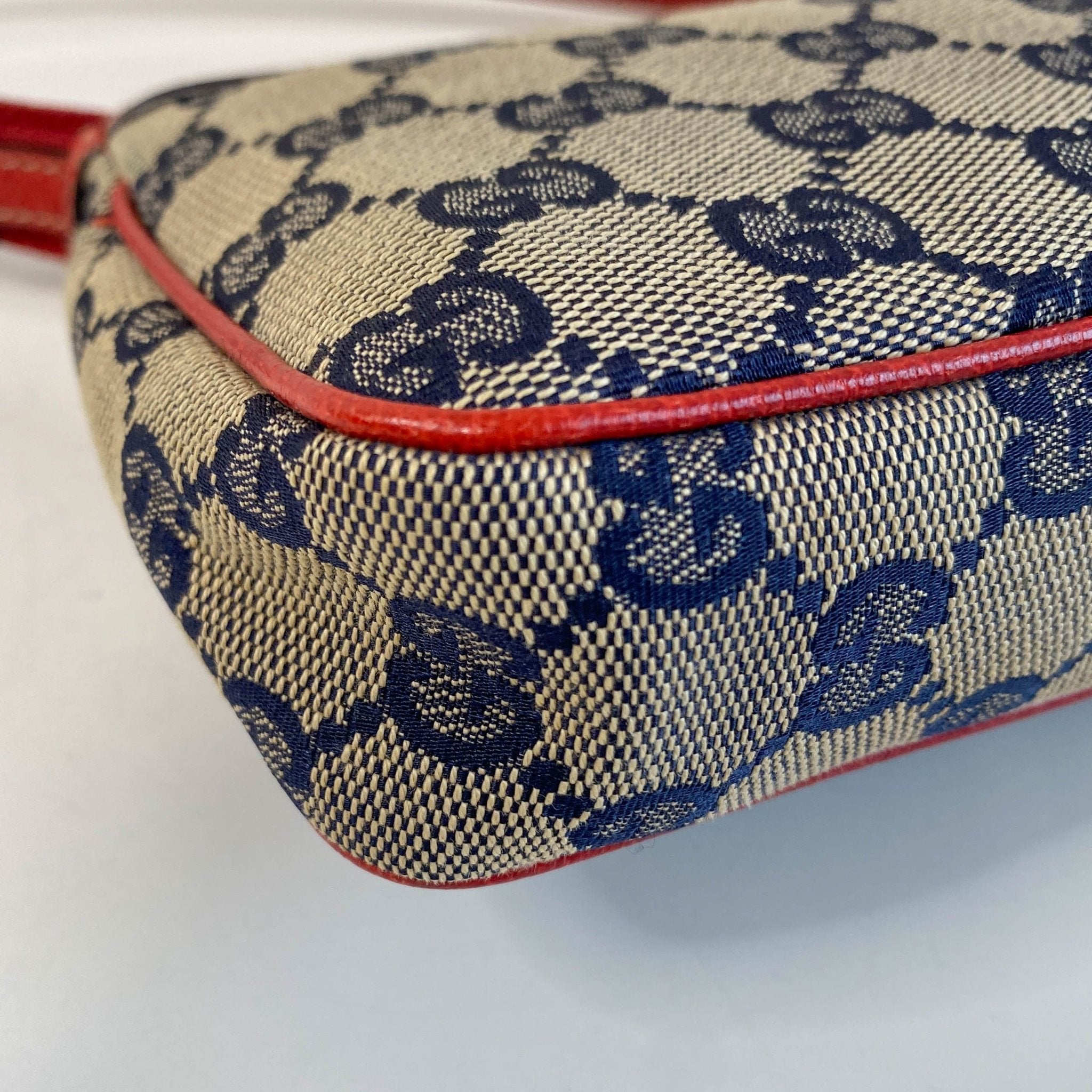GUCCI Gucci Blue Canvas Red Strap Shoulder Pouch, in , Sold by HIVE PRELOVED - Pouches, ,