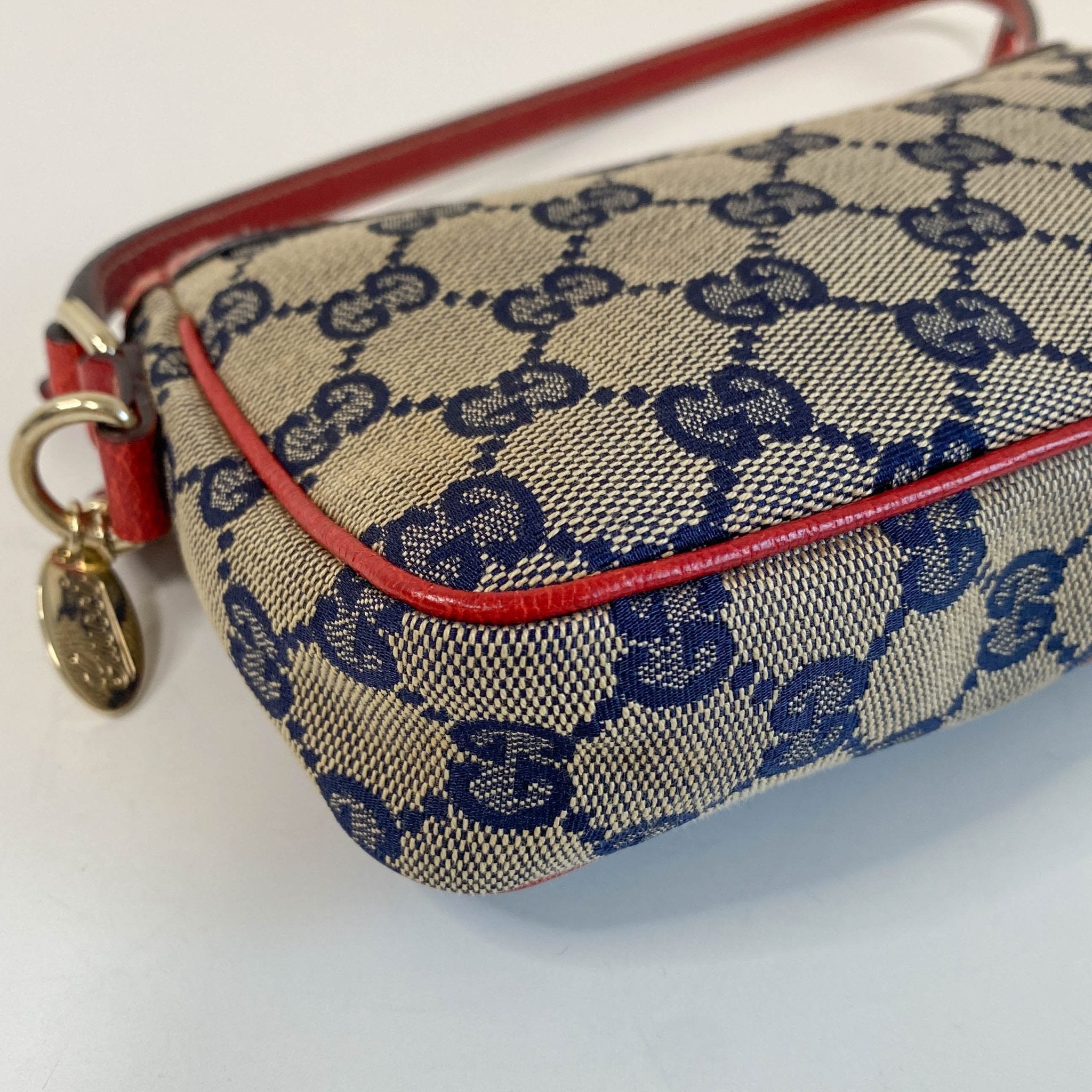 GUCCI Gucci Blue Canvas Red Strap Shoulder Pouch, in , Sold by HIVE PRELOVED - Pouches, ,