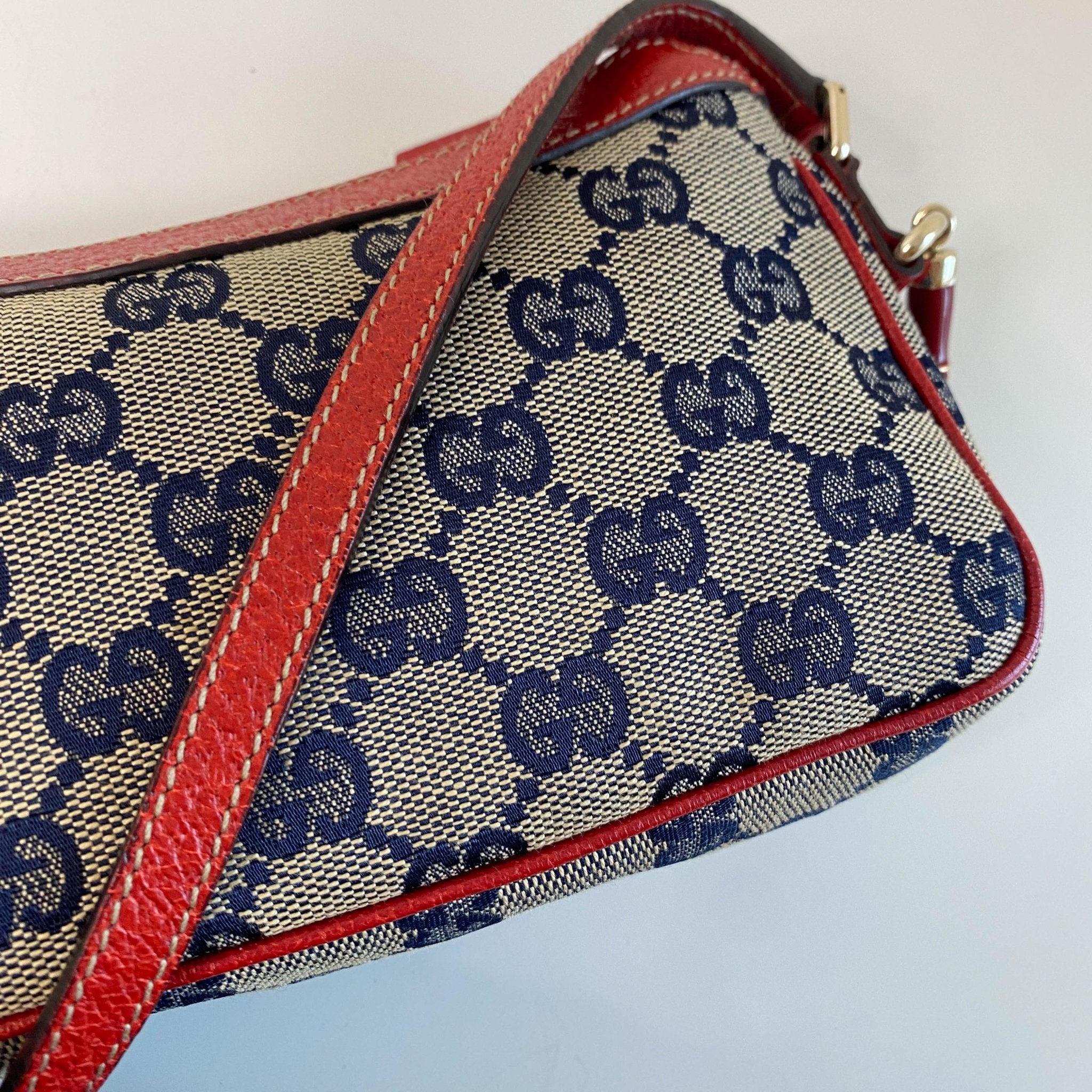 GUCCI Gucci Blue Canvas Red Strap Shoulder Pouch, in , Sold by HIVE PRELOVED - Pouches, ,