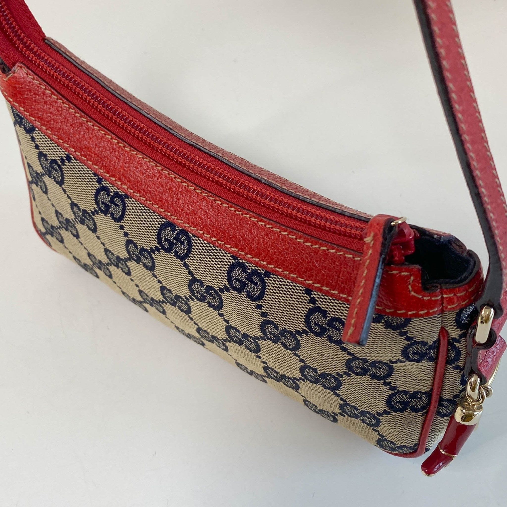GUCCI Gucci Blue Canvas Red Strap Shoulder Pouch, in , Sold by HIVE PRELOVED - Pouches, ,