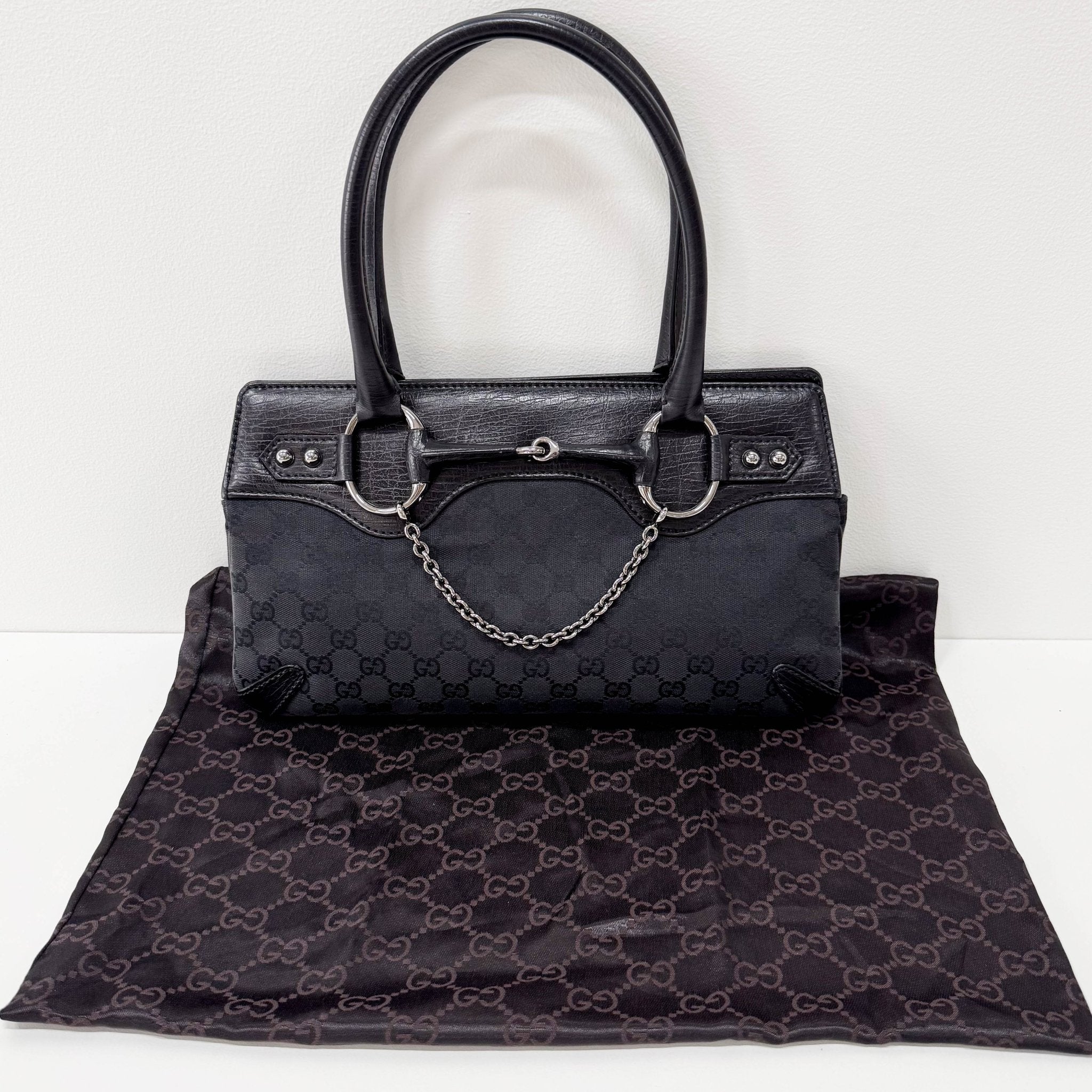 GUCCI Horsebit Chain Black GG Canvas & Leather Shoulder Bag, in , Sold by HIVE PRELOVED - Shoulder Bags, ,