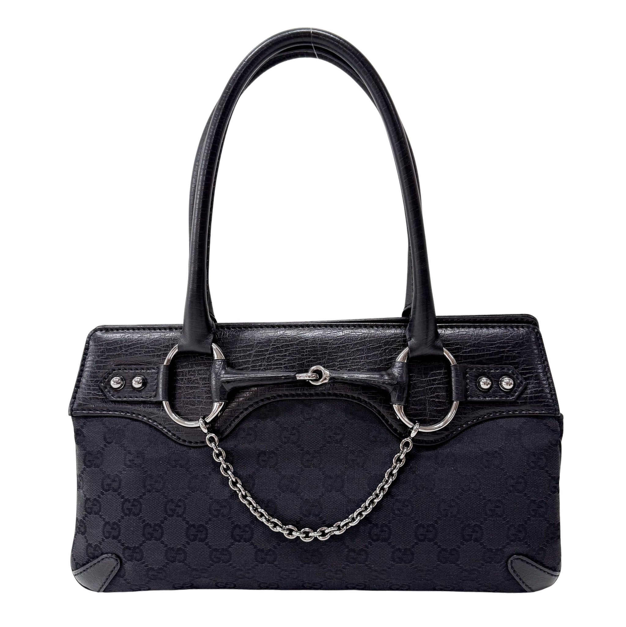 GUCCI Horsebit Chain Black GG Canvas & Leather Shoulder Bag, in , Sold by HIVE PRELOVED - Shoulder Bags, ,