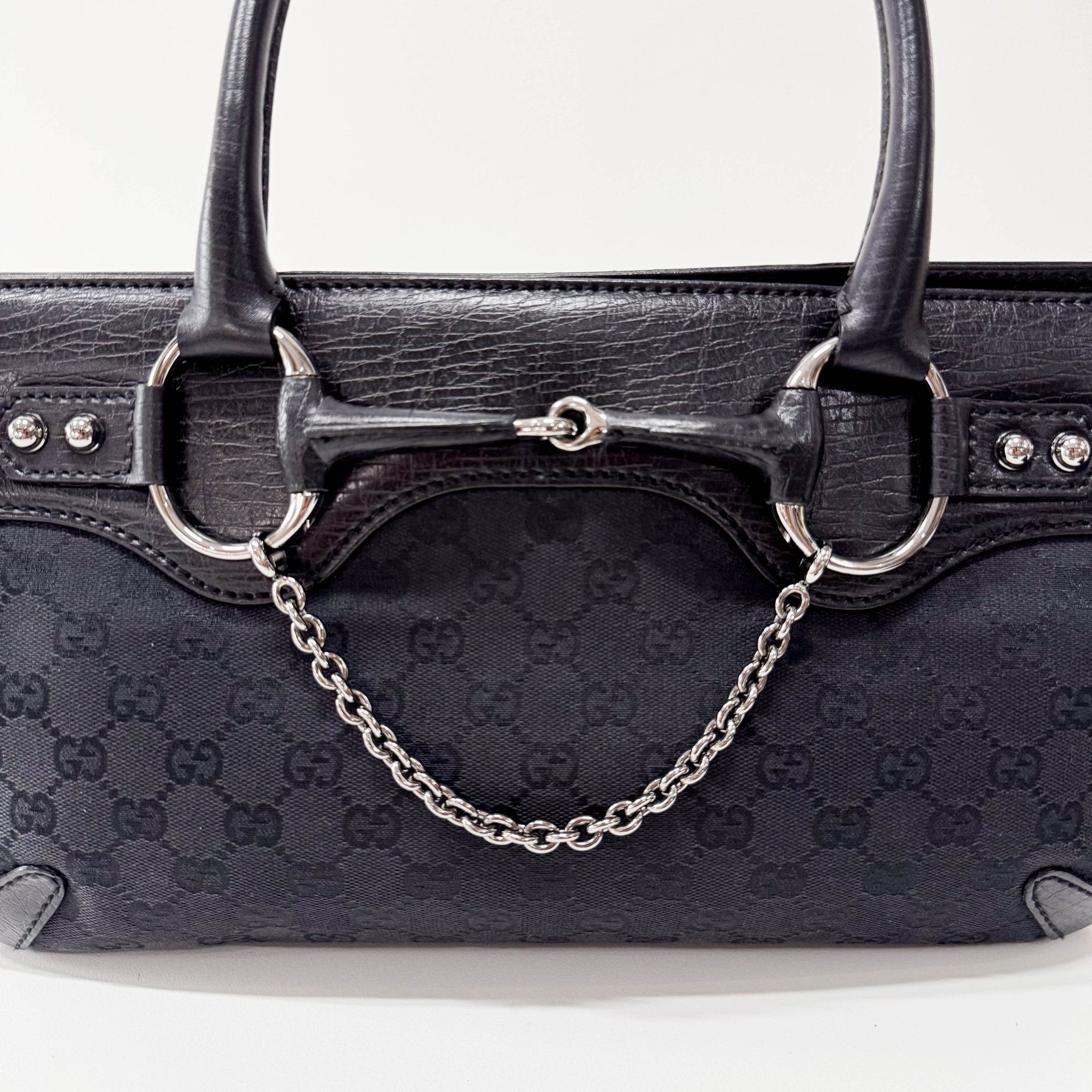 GUCCI Horsebit Chain Black GG Canvas & Leather Shoulder Bag, in , Sold by HIVE PRELOVED - Shoulder Bags, ,