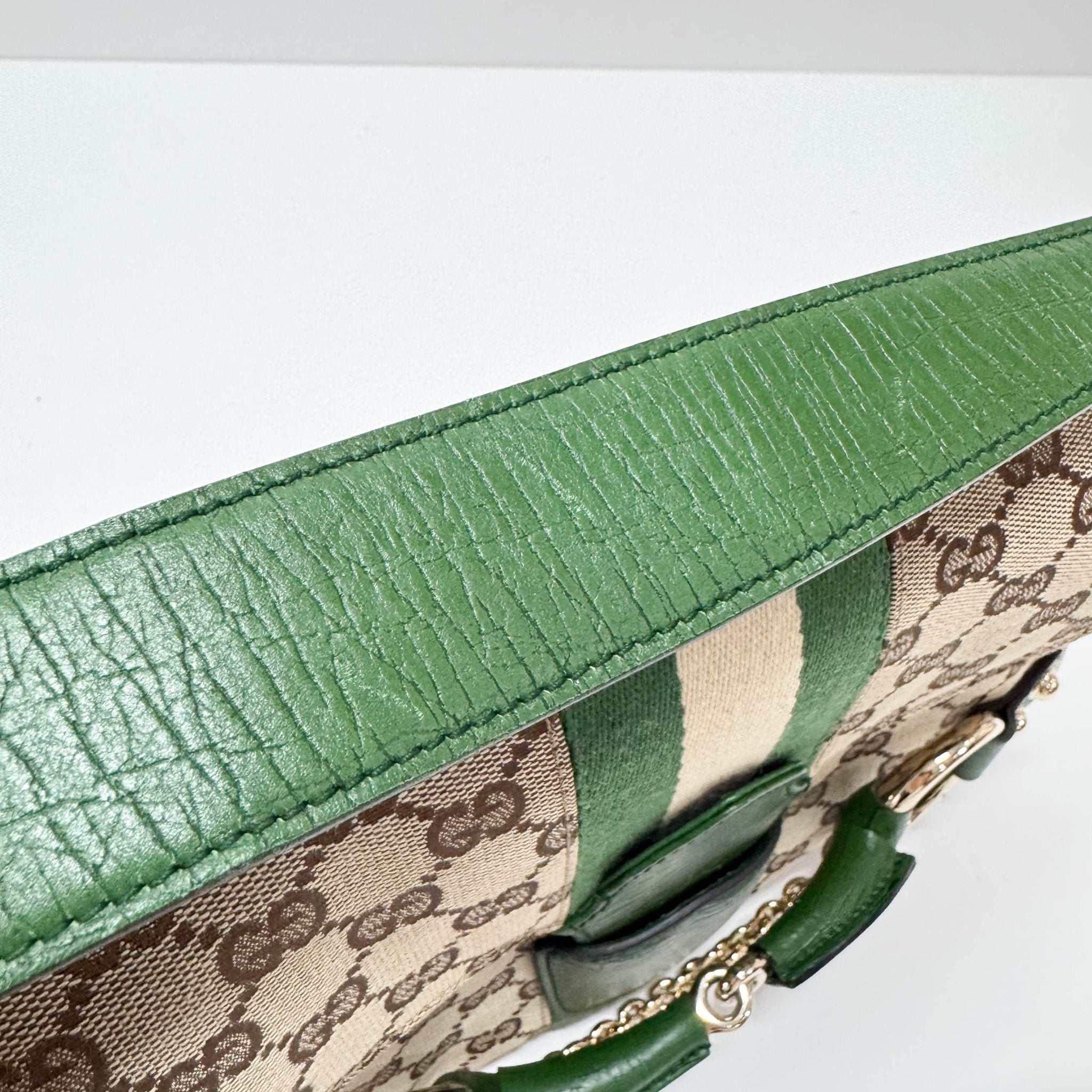 GUCCI Horsebit Green Leather & Cotton Canvas Chain Detail Shoulder Bag, in , Sold by HIVE PRELOVED - Shoulder Bags, ,