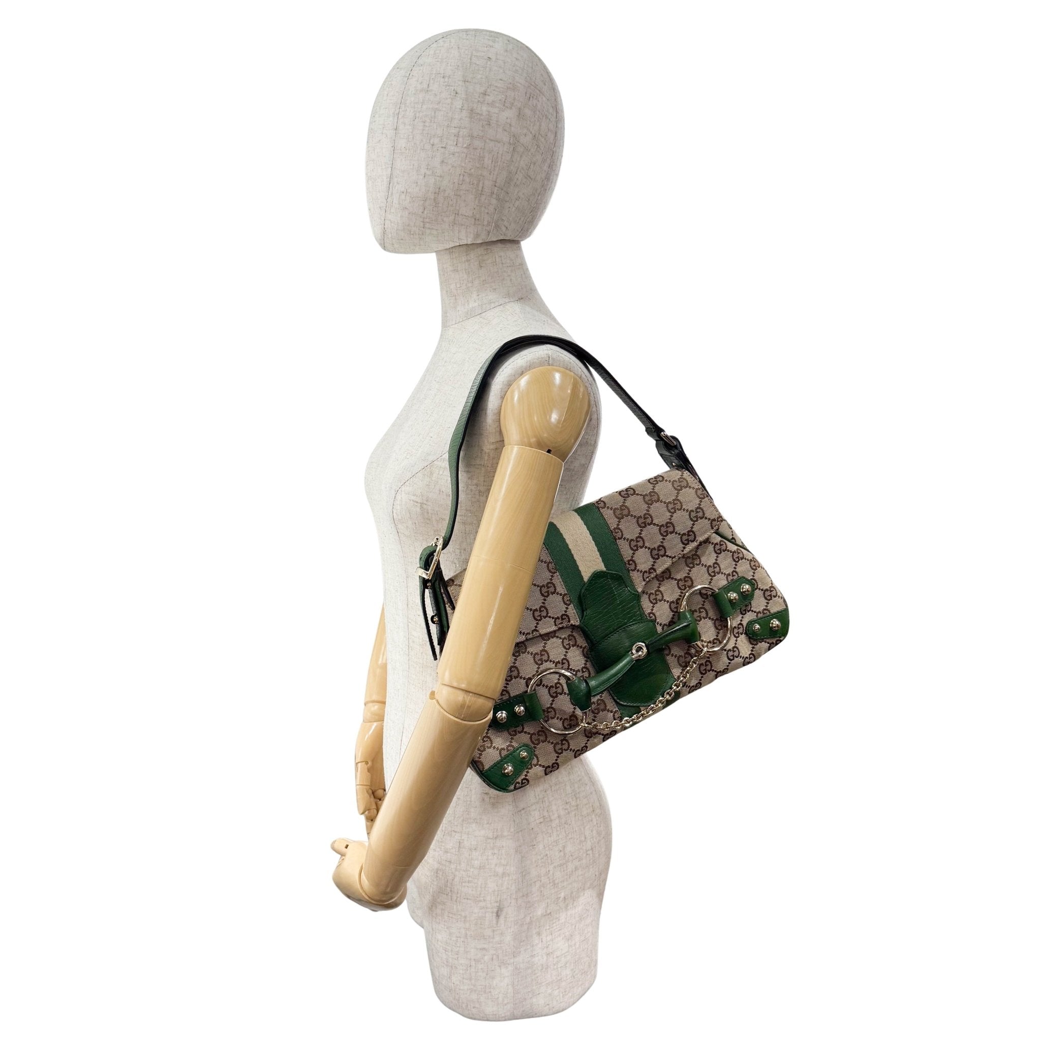 GUCCI Horsebit Green Leather & Cotton Canvas Chain Detail Shoulder Bag, in , Sold by HIVE PRELOVED - Shoulder Bags, ,