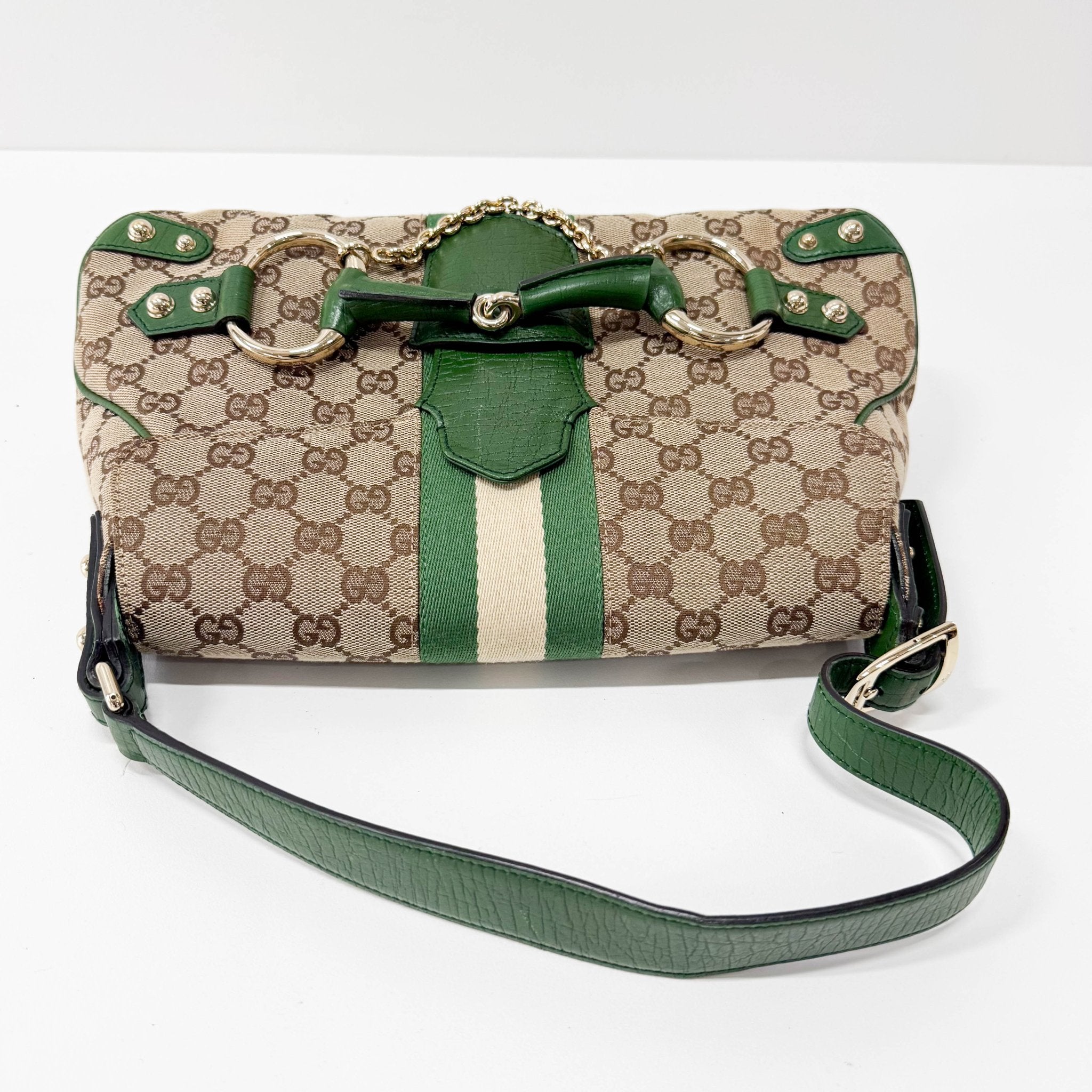 GUCCI Horsebit Green Leather & Cotton Canvas Chain Detail Shoulder Bag, in , Sold by HIVE PRELOVED - Shoulder Bags, ,