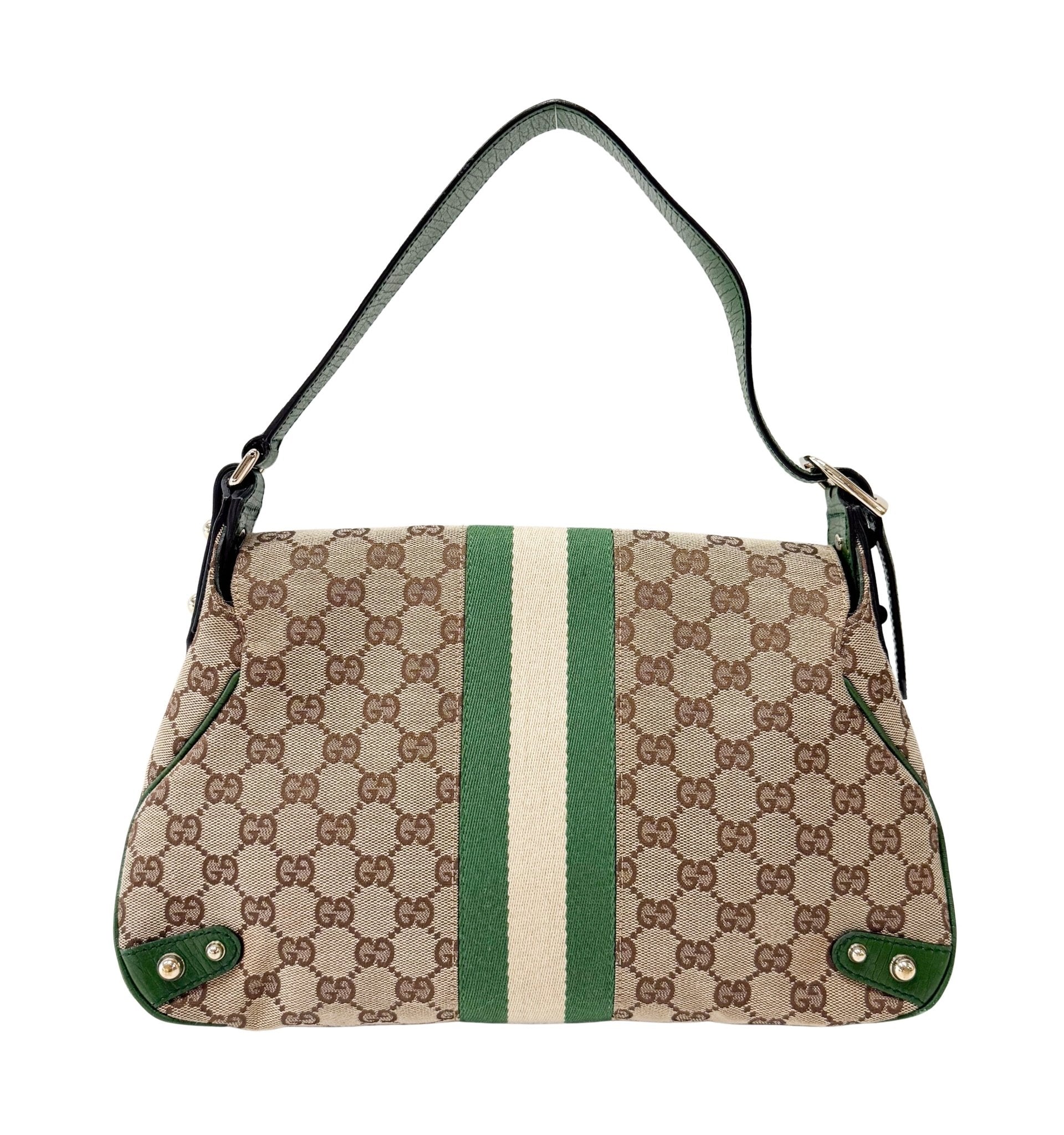 GUCCI Horsebit Green Leather & Cotton Canvas Chain Detail Shoulder Bag, in , Sold by HIVE PRELOVED - Shoulder Bags, ,