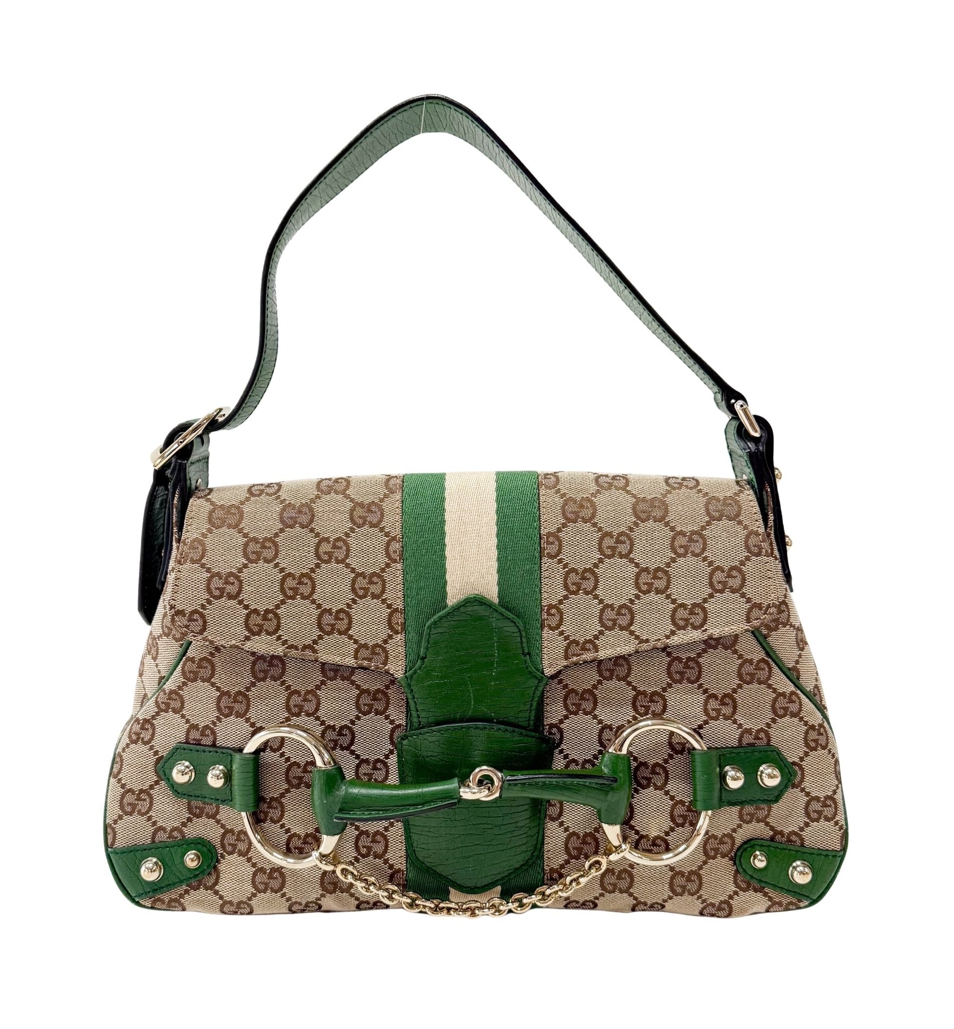 GUCCI Horsebit Green Leather & Cotton Canvas Chain Detail Shoulder Bag, in , Sold by HIVE PRELOVED - Shoulder Bags, ,