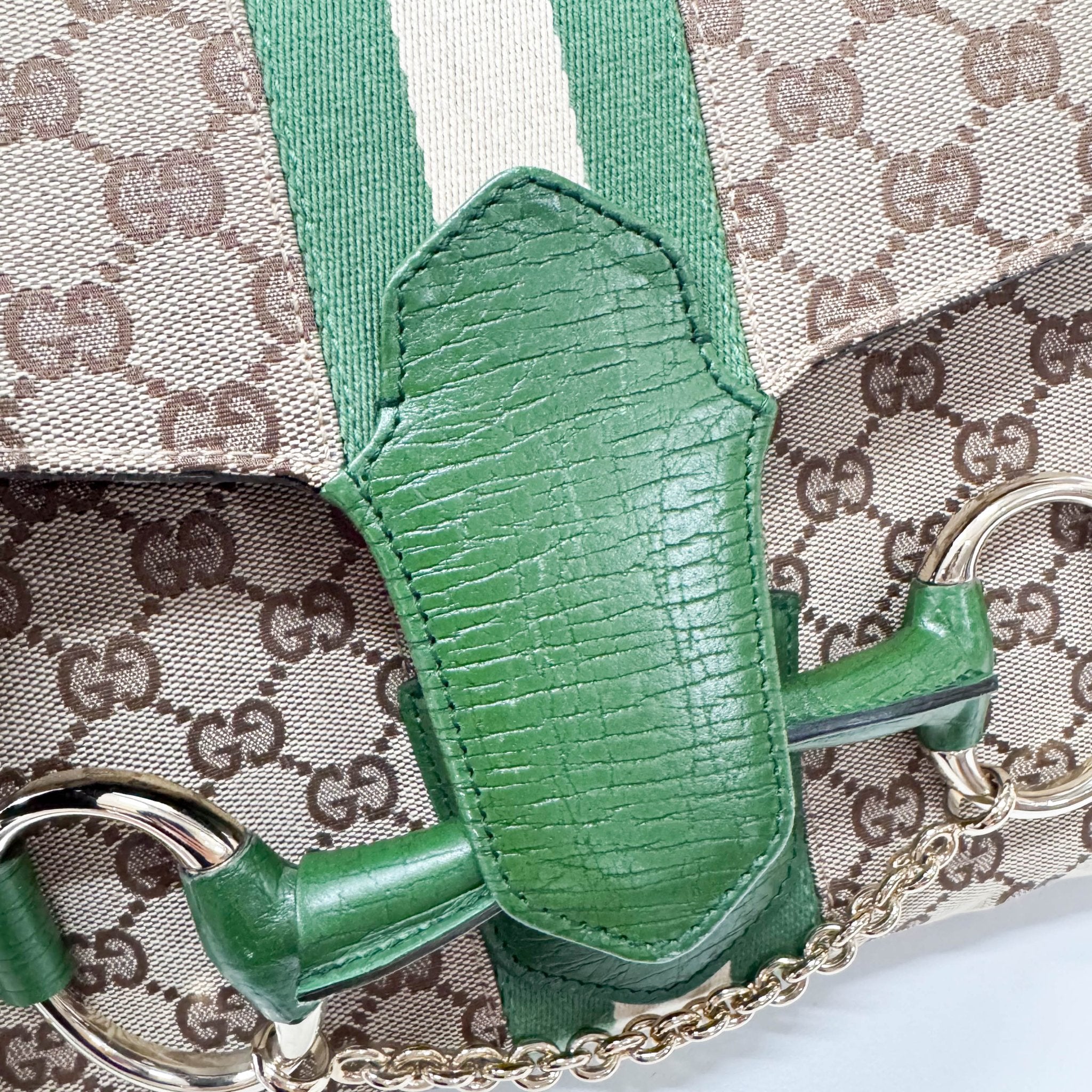 GUCCI Horsebit Green Leather & Cotton Canvas Chain Detail Shoulder Bag, in , Sold by HIVE PRELOVED - Shoulder Bags, ,