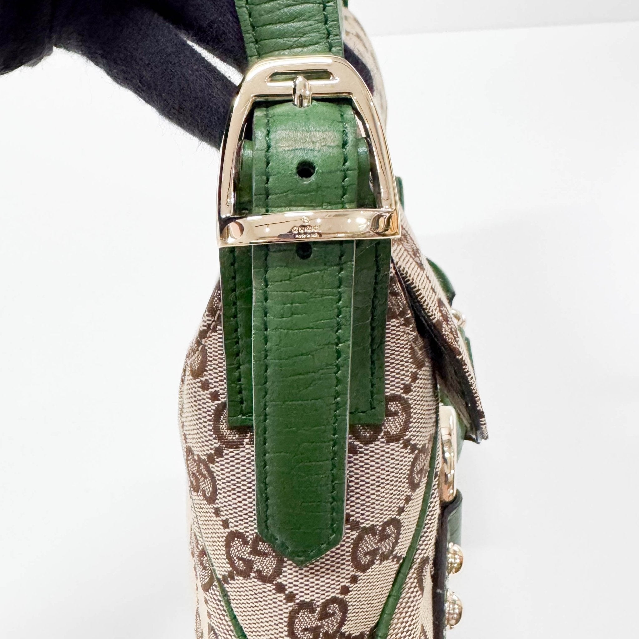 GUCCI Horsebit Green Leather & Cotton Canvas Chain Detail Shoulder Bag, in , Sold by HIVE PRELOVED - Shoulder Bags, ,