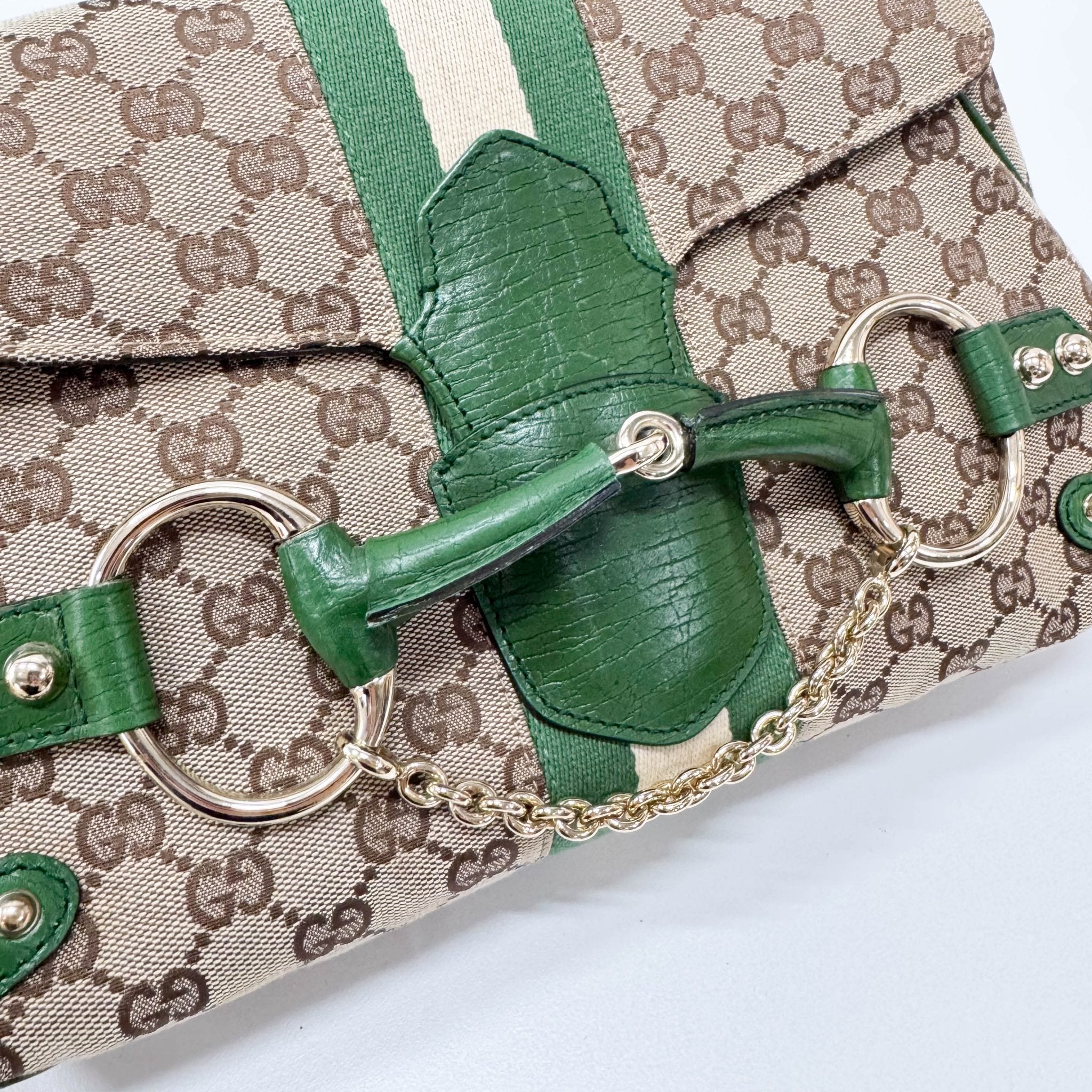 GUCCI Horsebit Green Leather & Cotton Canvas Chain Detail Shoulder Bag, in , Sold by HIVE PRELOVED - Shoulder Bags, ,