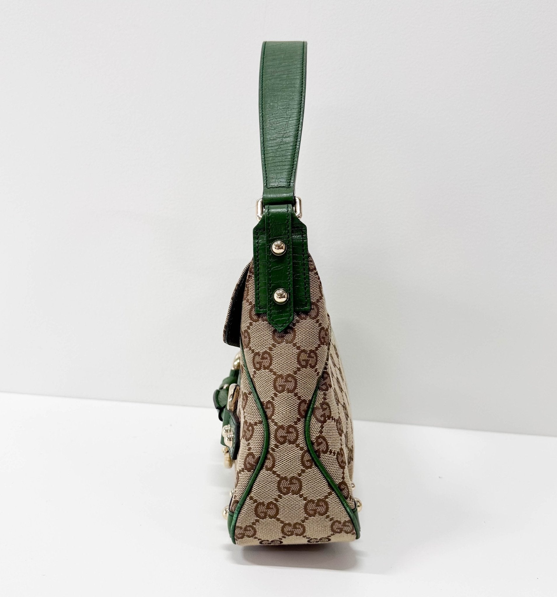 GUCCI Horsebit Green Leather & Cotton Canvas Chain Detail Shoulder Bag, in , Sold by HIVE PRELOVED - Shoulder Bags, ,