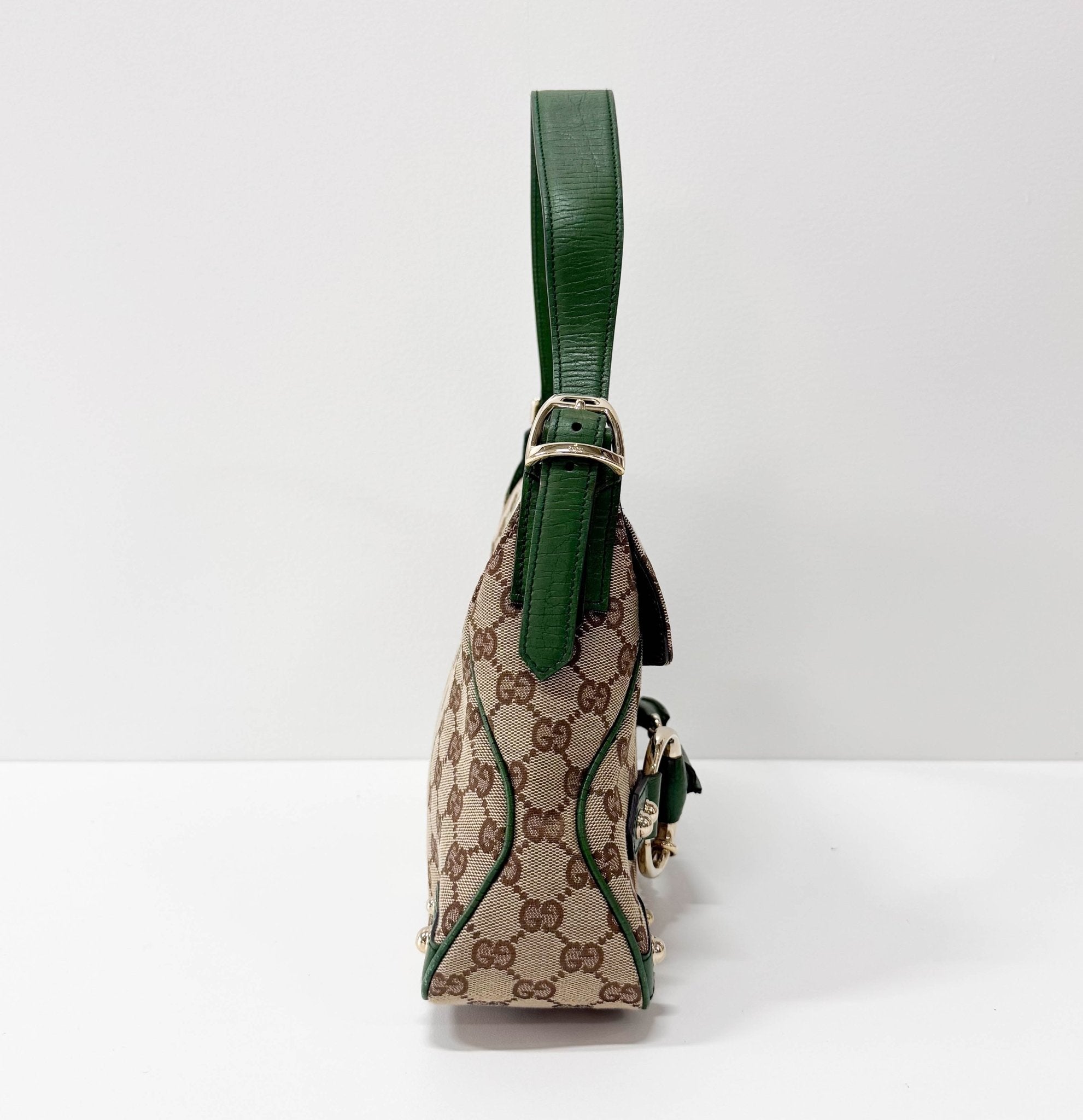 GUCCI Horsebit Green Leather & Cotton Canvas Chain Detail Shoulder Bag, in , Sold by HIVE PRELOVED - Shoulder Bags, ,