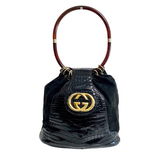 GUCCI Interlocking GG Black Suede Hoop Handle Bucket Bag, in , Sold by HIVE PRELOVED - Bucket bags, Handle Bags, Shoulder Bag