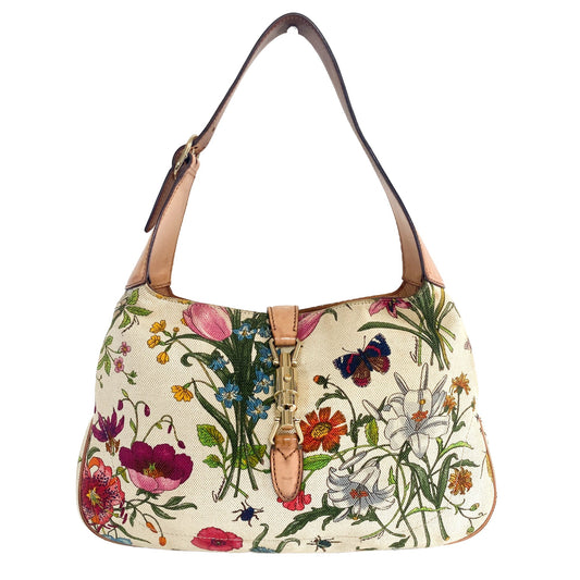 GUCCI Jackie 1961 Floral Canvas, Cotton Canvas in Neutral, Sold by HIVE PRELOVED - Shoulder Bags, ,