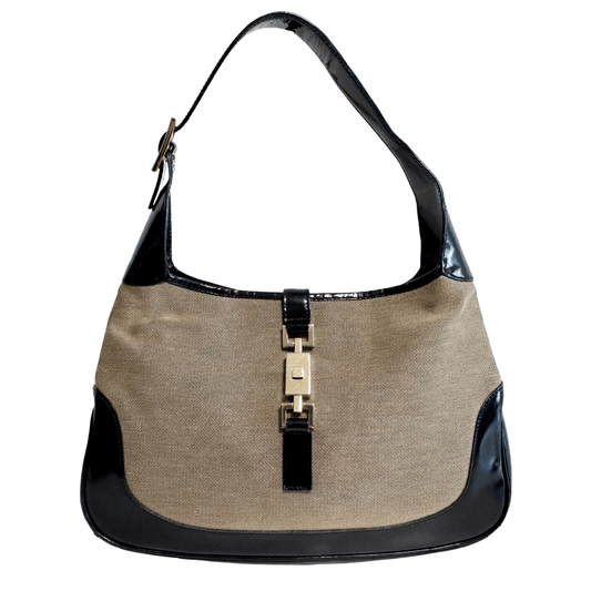 GUCCI Jackie Brown Canvas Black Patent Leather Shoulder Bag with Gold Hardware, in , Sold by HIVE PRELOVED - Shoulder Bags, ,