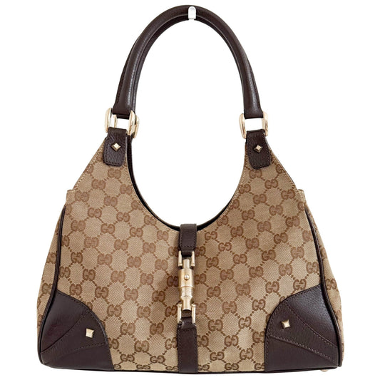 GUCCI Jackie Nailhead Piston Closure GG Canvas / Brown Leather Shoulder Bag, in , Sold by HIVE PRELOVED - Shoulder Bags, ,