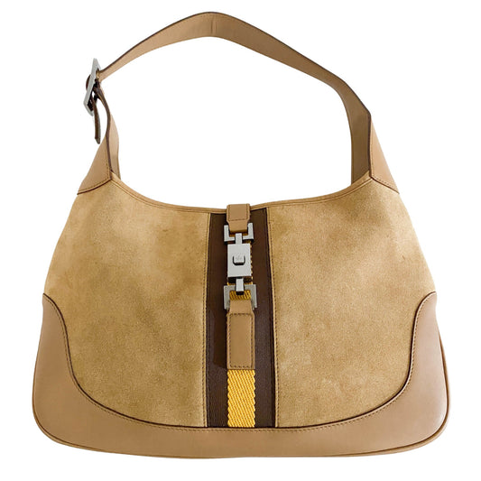 GUCCI Jackie Suede Shoulder Bag, Suede in Neutral, Sold by HIVE PRELOVED - Shoulder Bags, ,