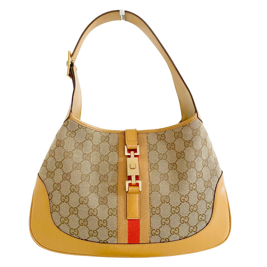 GUCCI Jackie Vintage Medium Monogram Canvas Beige Leather Shoulder Bag, Cotton Canvas in Neutral, Sold by HIVE PRELOVED