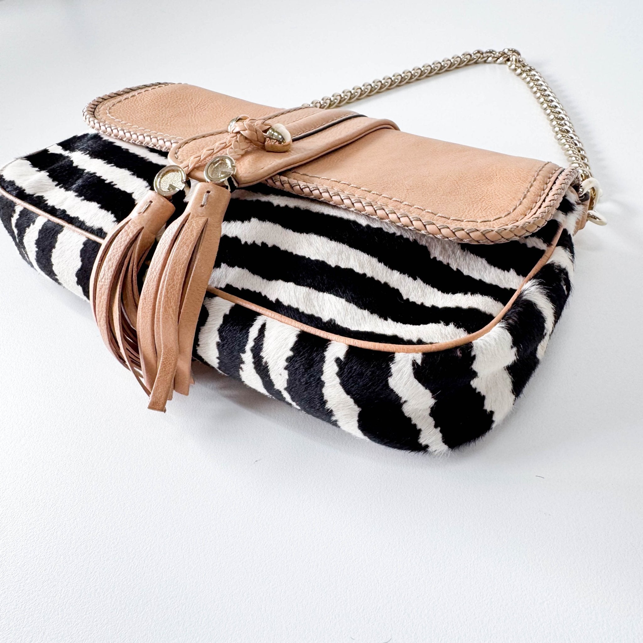 GUCCI Marrakech Zebra Print Pony Hair with Caramel Leather Flap and Tassels Gold Chain Shoulder Bag in Sold by HIVE PRELOVED