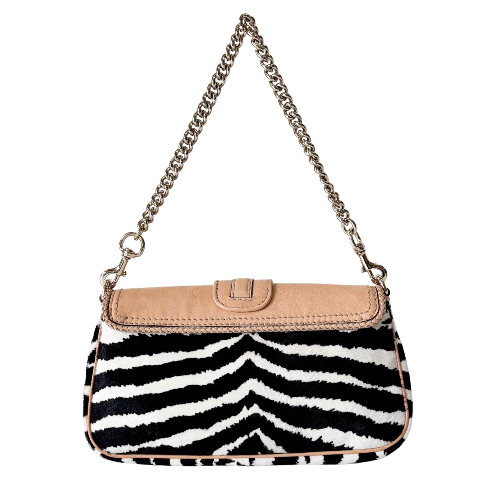 GUCCI Marrakech Zebra Print Pony Hair with Caramel Leather Flap and Tassels Gold Chain Shoulder Bag in Sold by HIVE PRELOVED