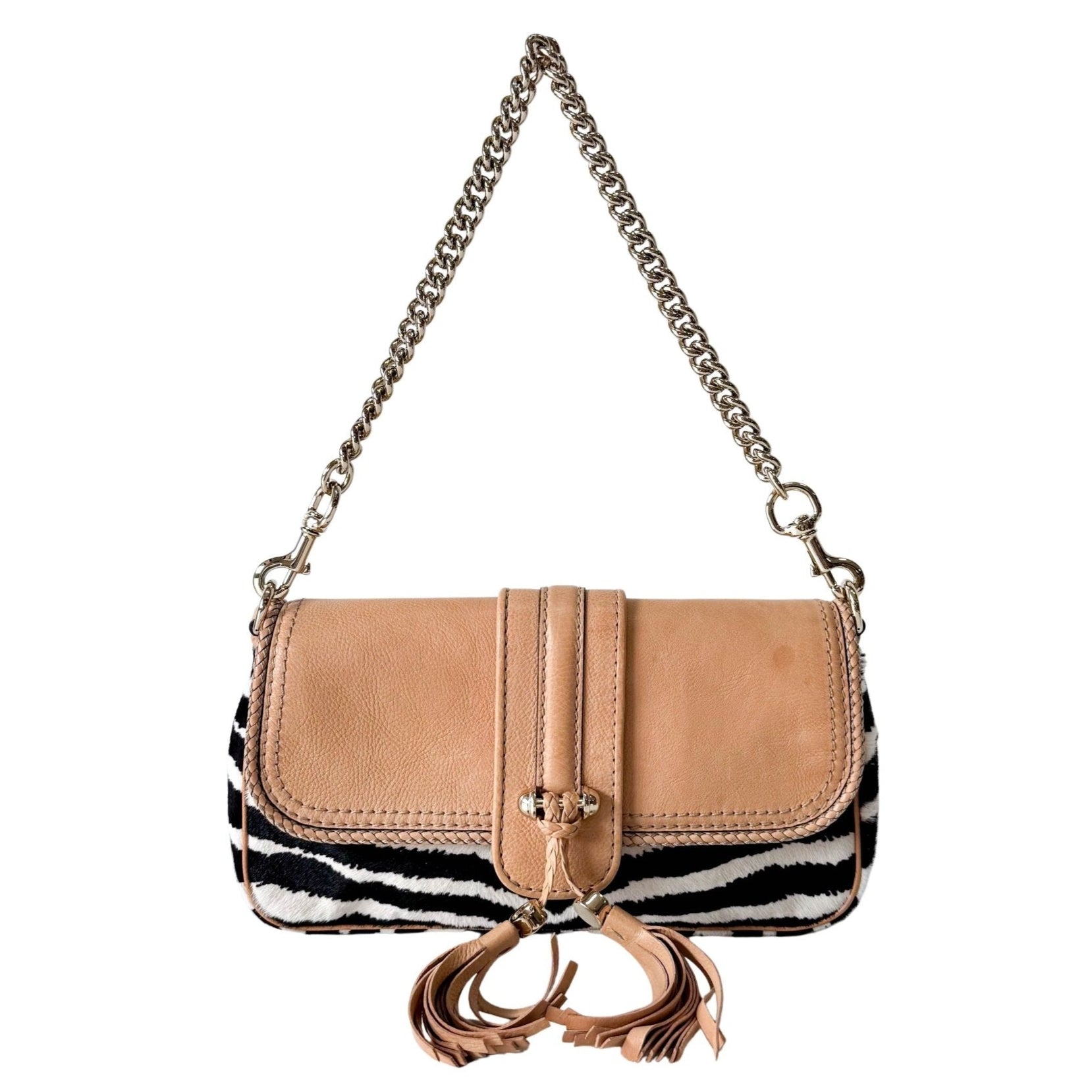 GUCCI Marrakech Zebra Print Pony Hair with Caramel Leather Flap and Tassels Gold Chain Shoulder Bag in Sold by HIVE PRELOVED
