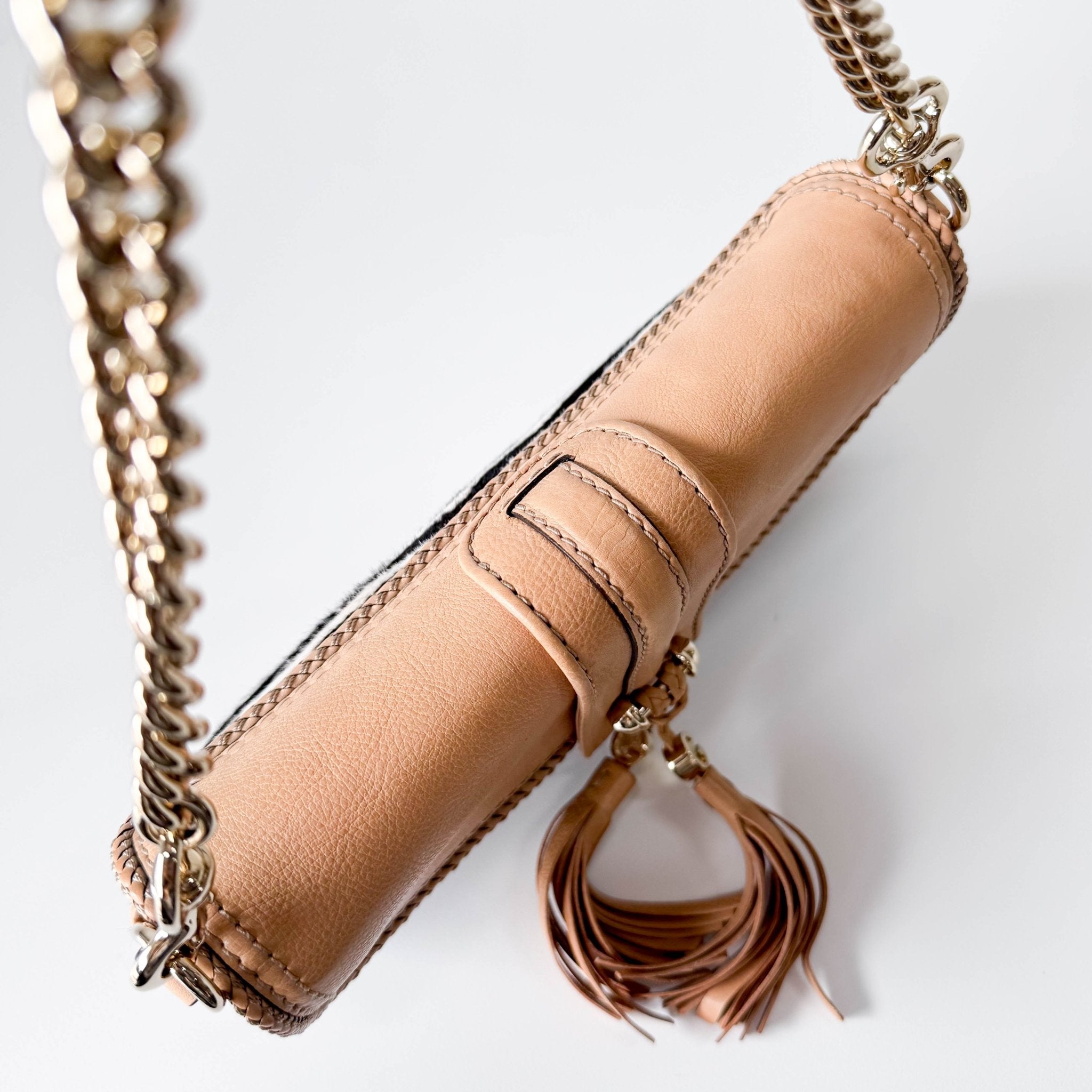 GUCCI Marrakech Zebra Print Pony Hair with Caramel Leather Flap and Tassels Gold Chain Shoulder Bag in Sold by HIVE PRELOVED