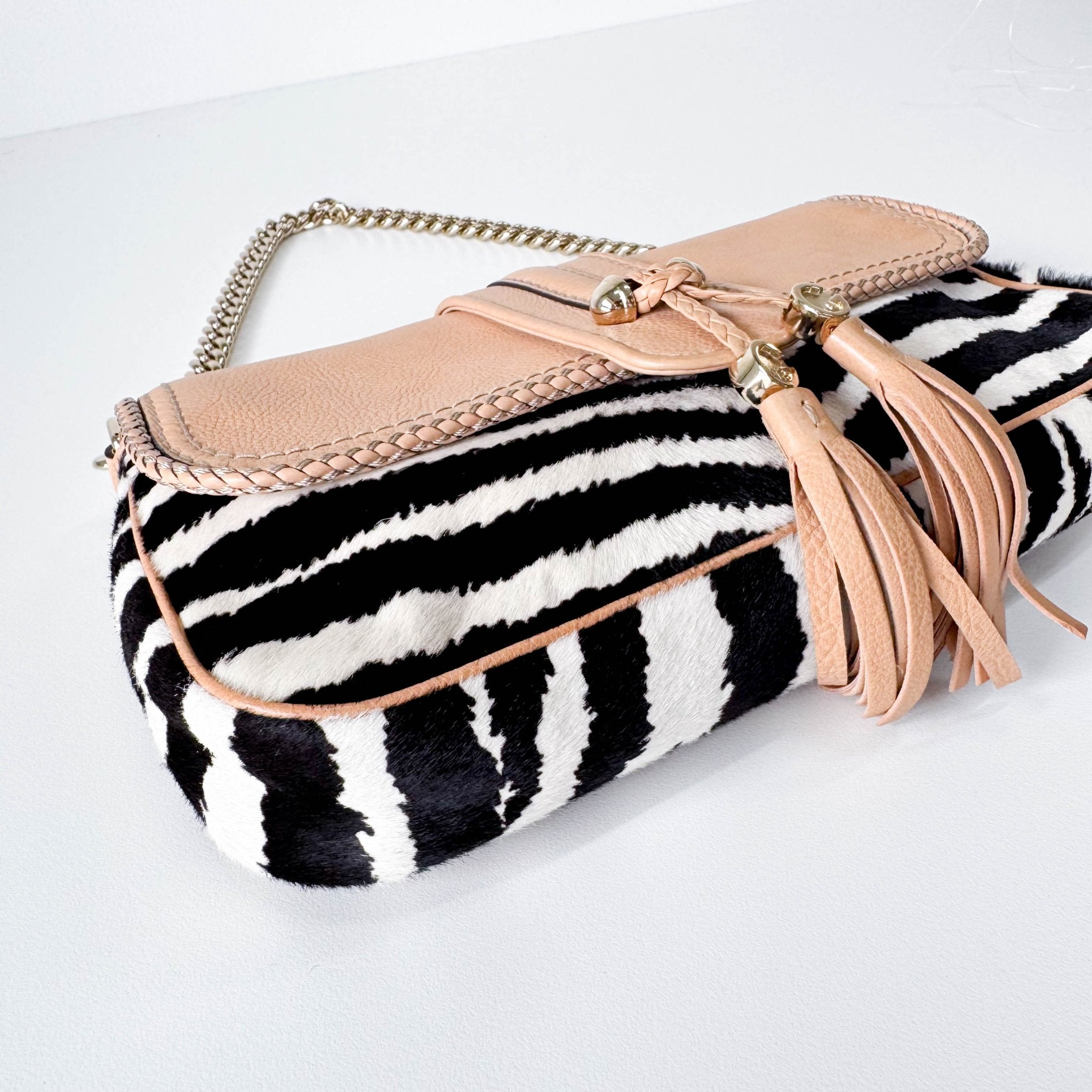 GUCCI Marrakech Zebra Print Pony Hair with Caramel Leather Flap and Tassels Gold Chain Shoulder Bag in Sold by HIVE PRELOVED