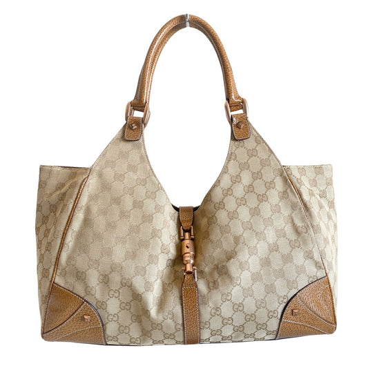 GUCCI Nailhead Jackie Brown Leather Beige GG Canvas Shoulder Bag, in , Sold by HIVE PRELOVED - Shoulder Bags, ,