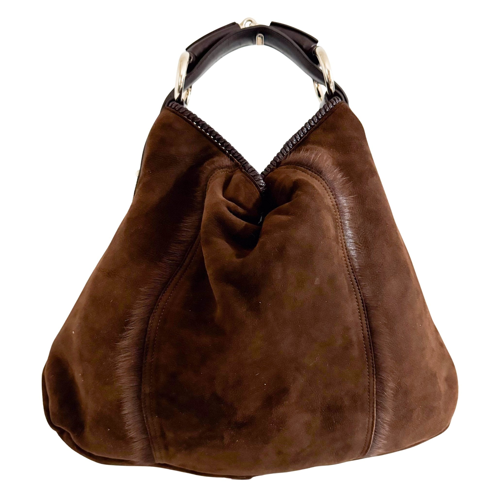 GUCCI Rare Horsebit Hobo Large Dark Brown Mouton Suede