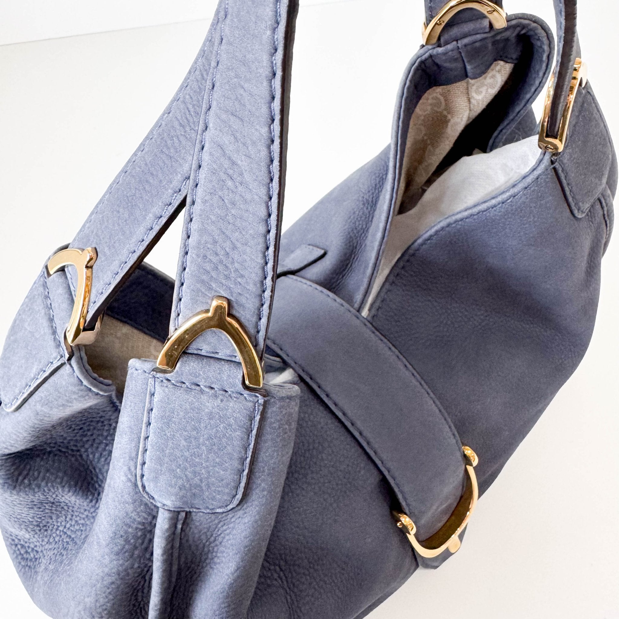 GUCCI Soft Stirrup Blue Suede Handbag, in , Sold by HIVE PRELOVED - Shoulder Bags, ,