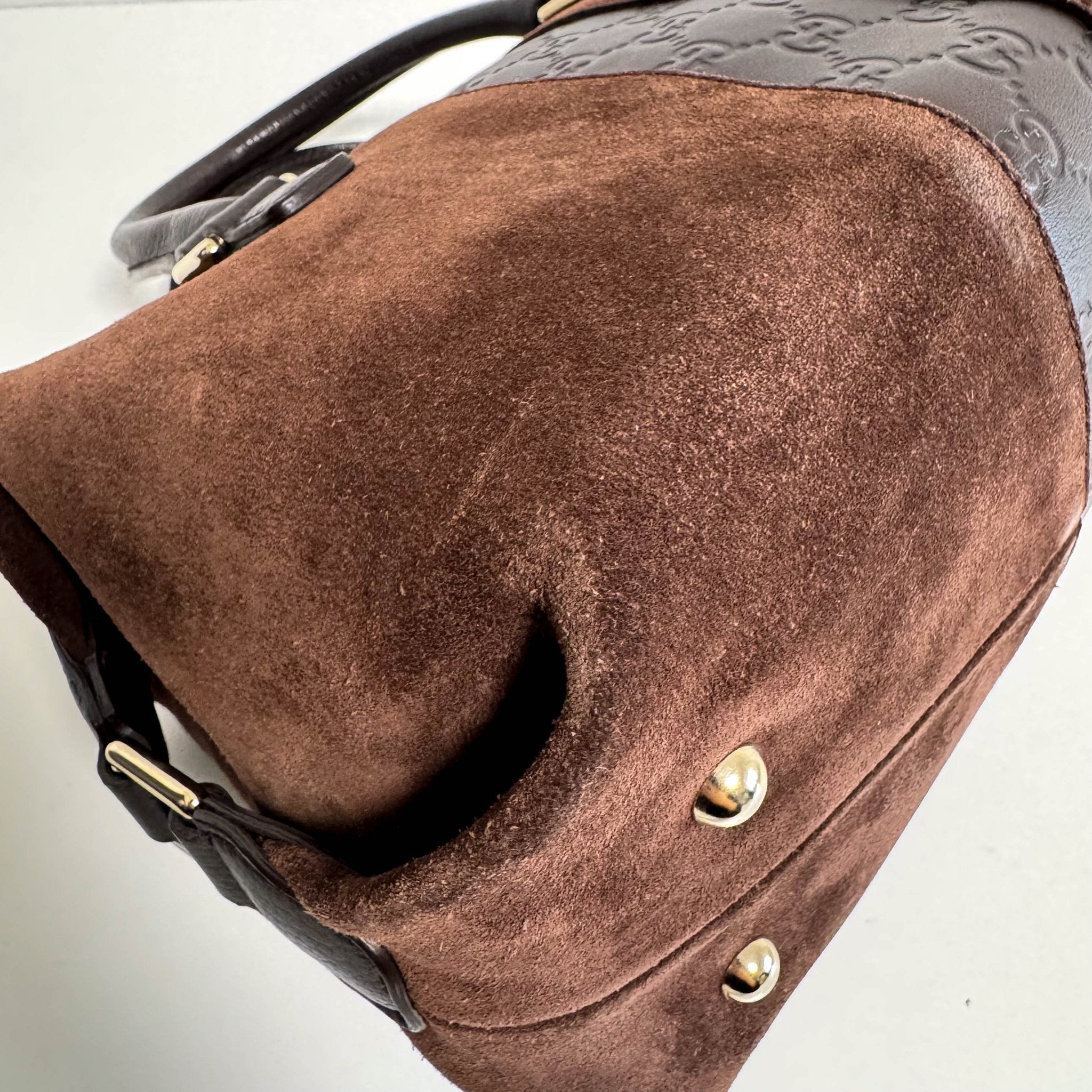 GUCCI Suede Small Boston Bag Brown GG Embossed Leather Bowling, in , Sold by HIVE PRELOVED - Handle Bags, ,