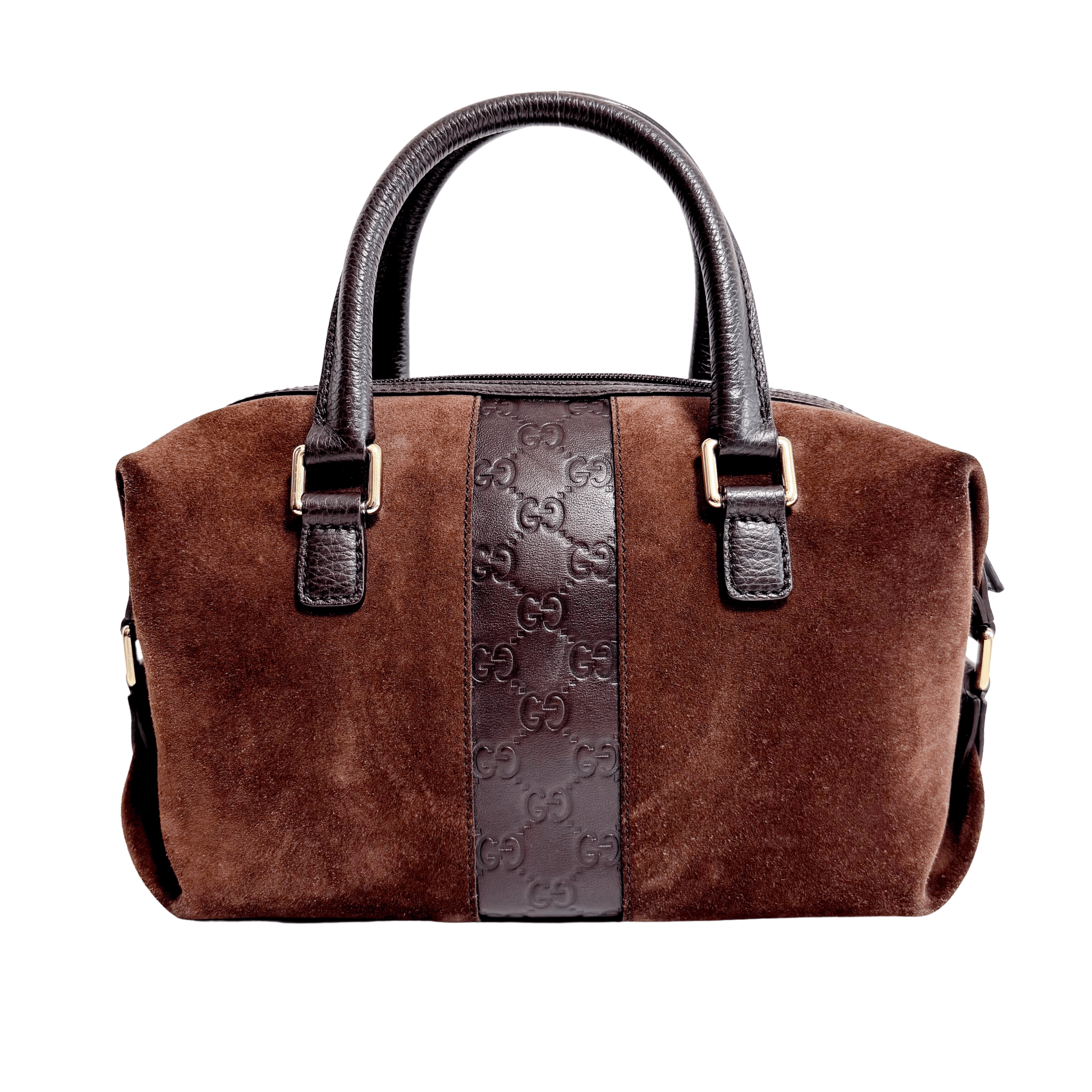 GUCCI Suede Small Boston Bag Brown GG Embossed Leather Bowling, in , Sold by HIVE PRELOVED - Handle Bags, ,