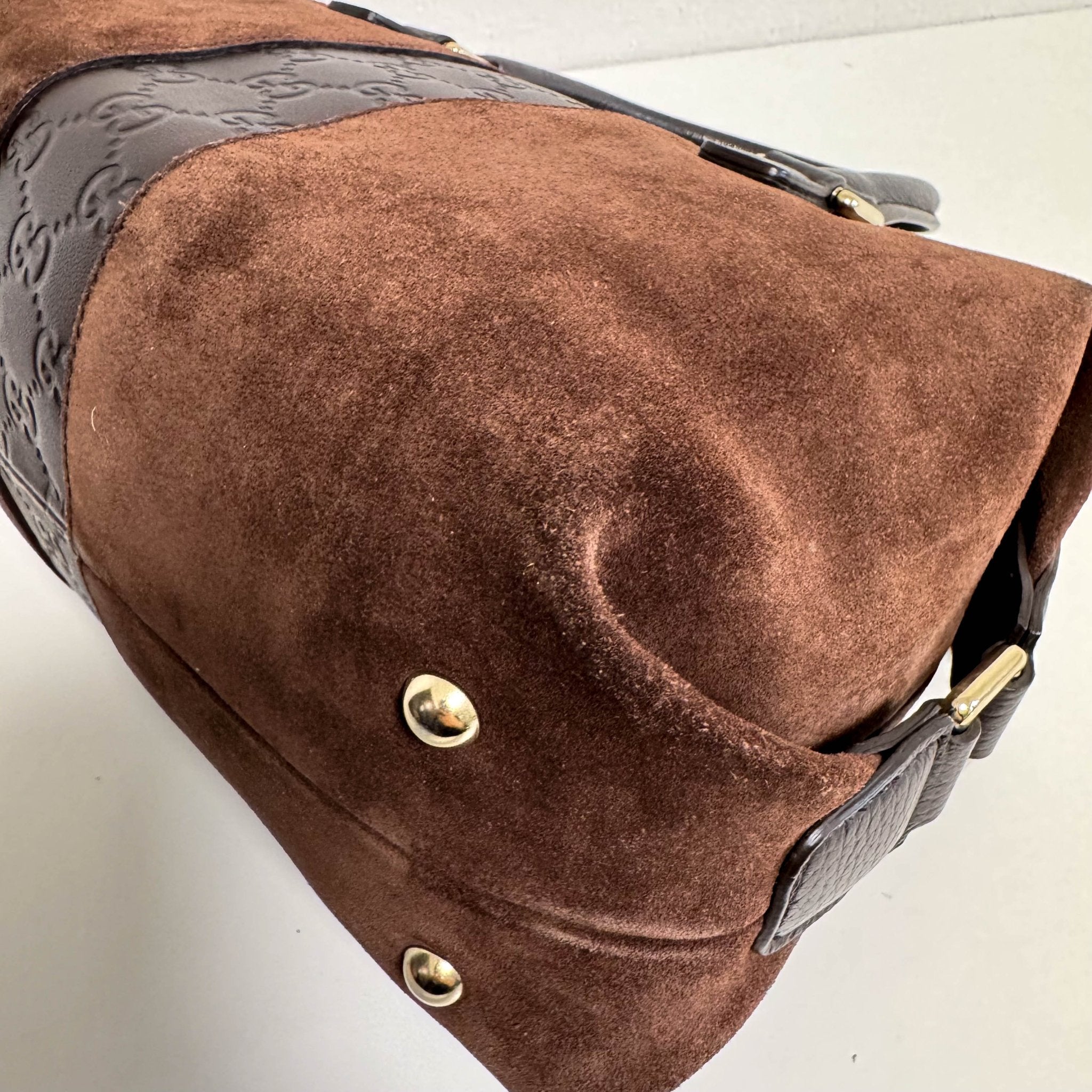 GUCCI Suede Small Boston Bag Brown GG Embossed Leather Bowling, in , Sold by HIVE PRELOVED - Handle Bags, ,