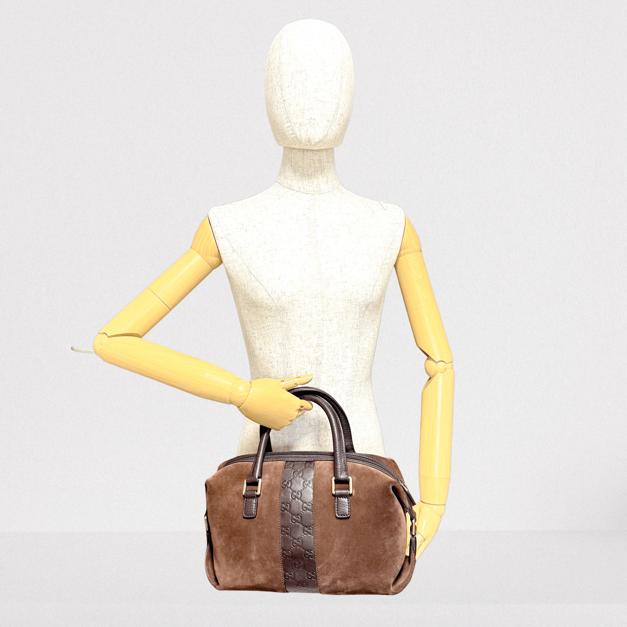 GUCCI Suede Small Boston Bag Brown GG Embossed Leather Bowling, in , Sold by HIVE PRELOVED - Handle Bags, ,