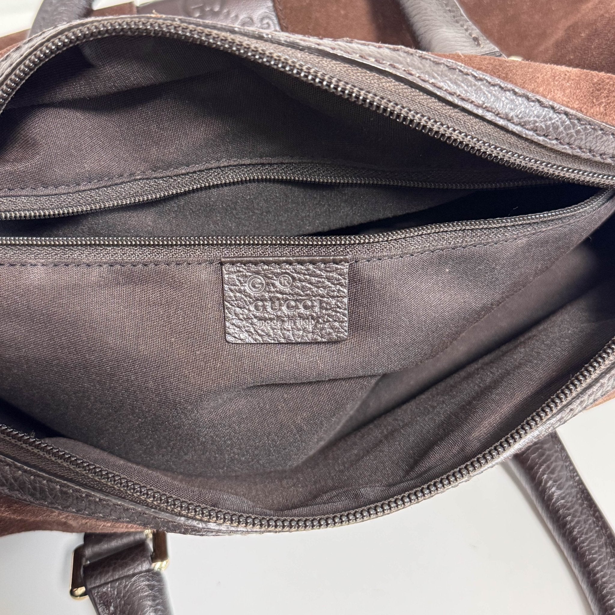 GUCCI Suede Small Boston Bag Brown GG Embossed Leather Bowling, in , Sold by HIVE PRELOVED - Handle Bags, ,