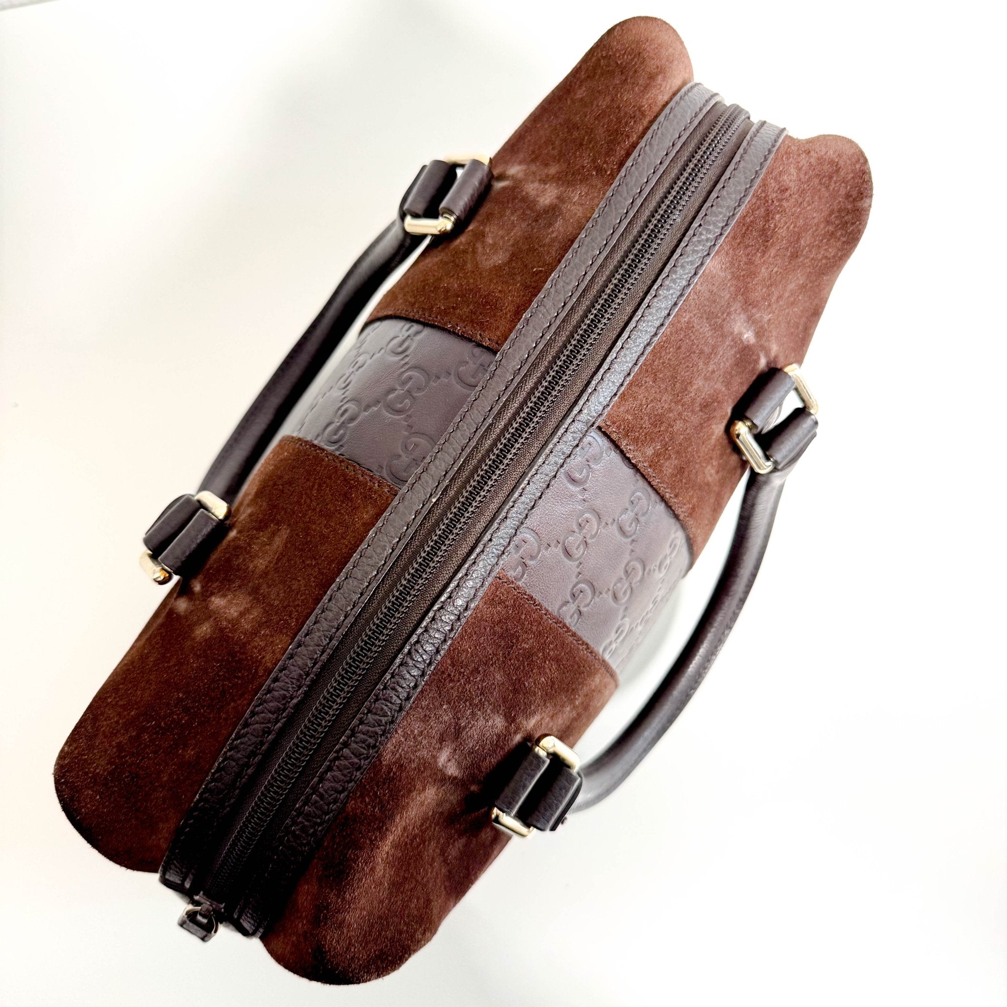 GUCCI Suede Small Boston Bag Brown GG Embossed Leather Bowling, in , Sold by HIVE PRELOVED - Handle Bags, ,