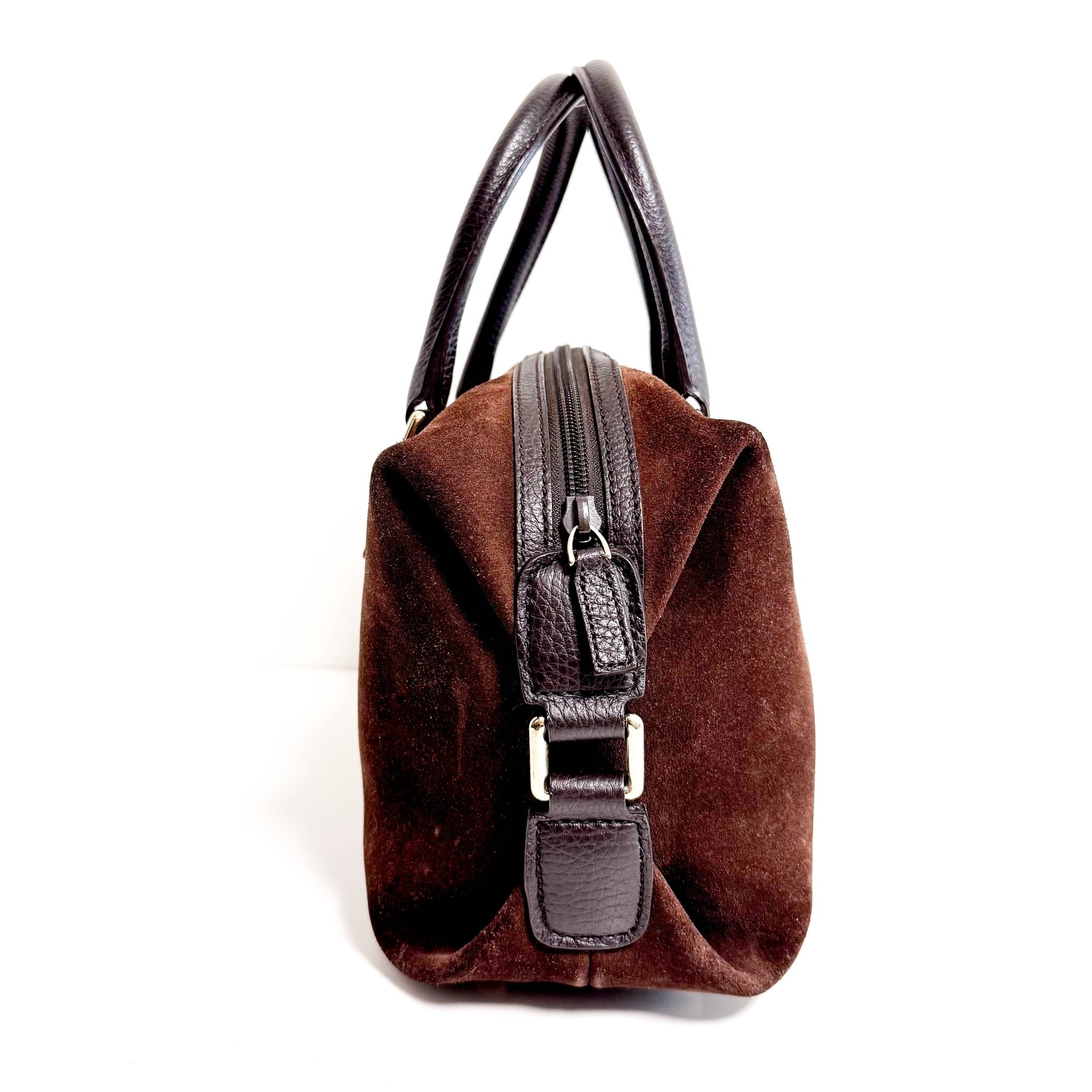 GUCCI Suede Small Boston Bag Brown GG Embossed Leather Bowling, in , Sold by HIVE PRELOVED - Handle Bags, ,
