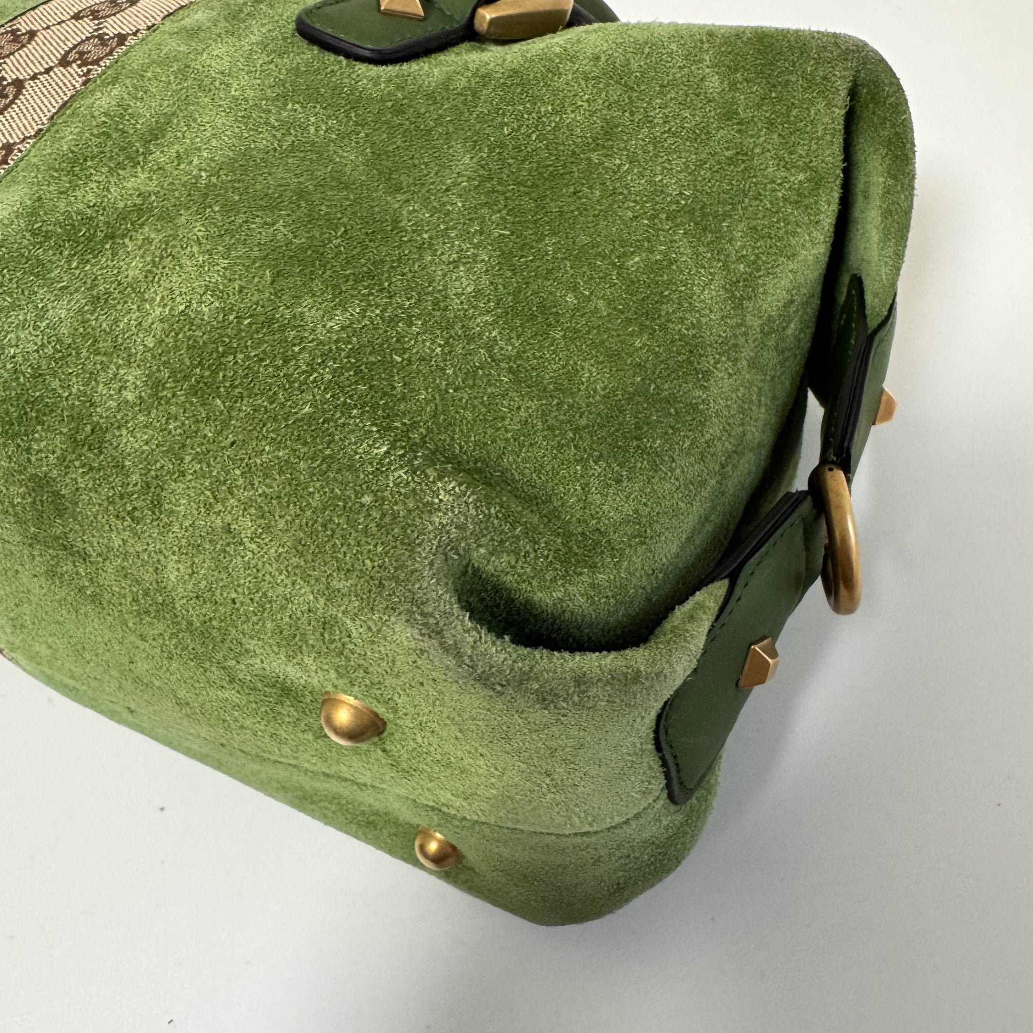 GUCCI Suede Small Boston Bag Green Monogram GG Canvas Leather Bowling, in , Sold by HIVE PRELOVED - Handle Bags, ,