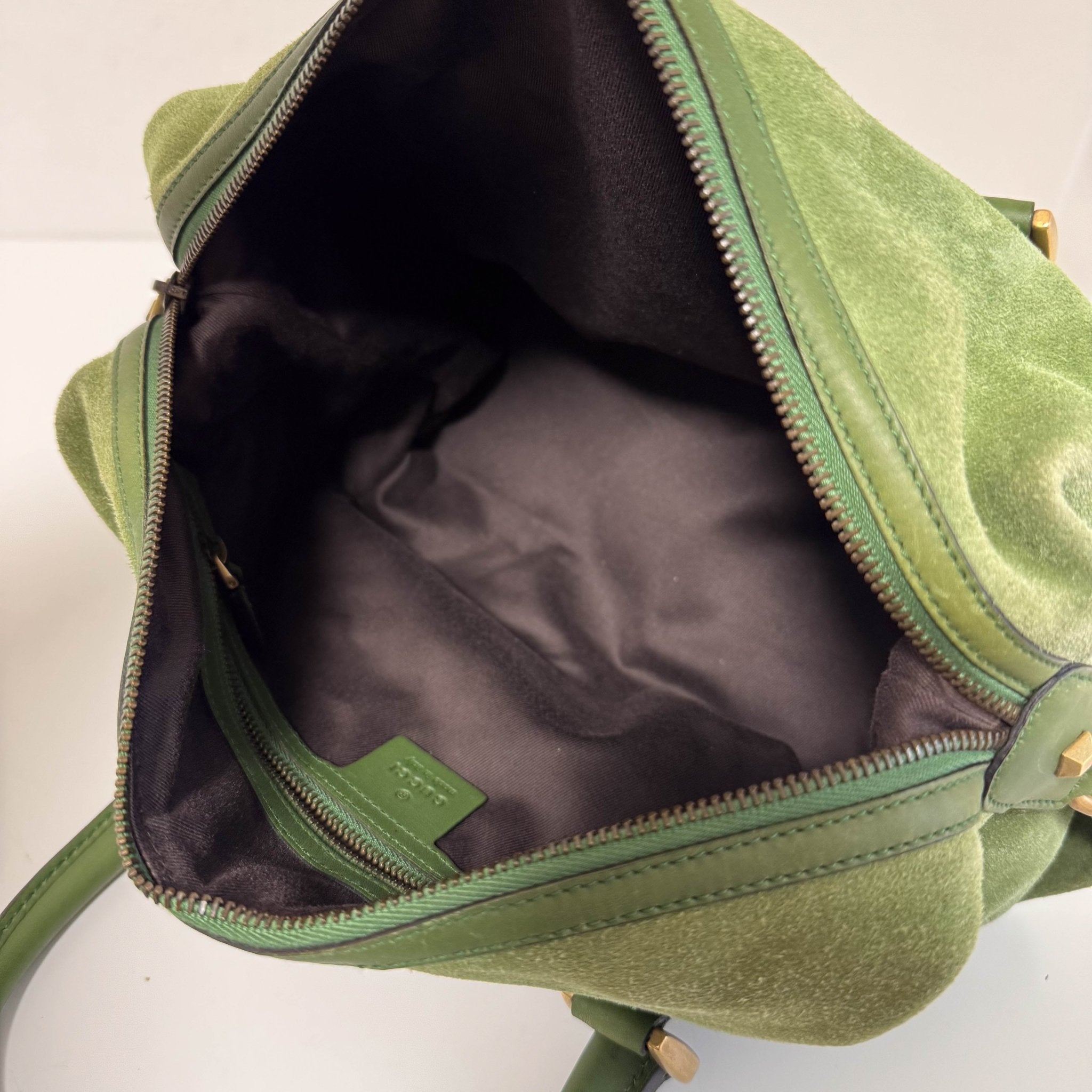 GUCCI Suede Small Boston Bag Green Monogram GG Canvas Leather Bowling, in , Sold by HIVE PRELOVED - Handle Bags, ,